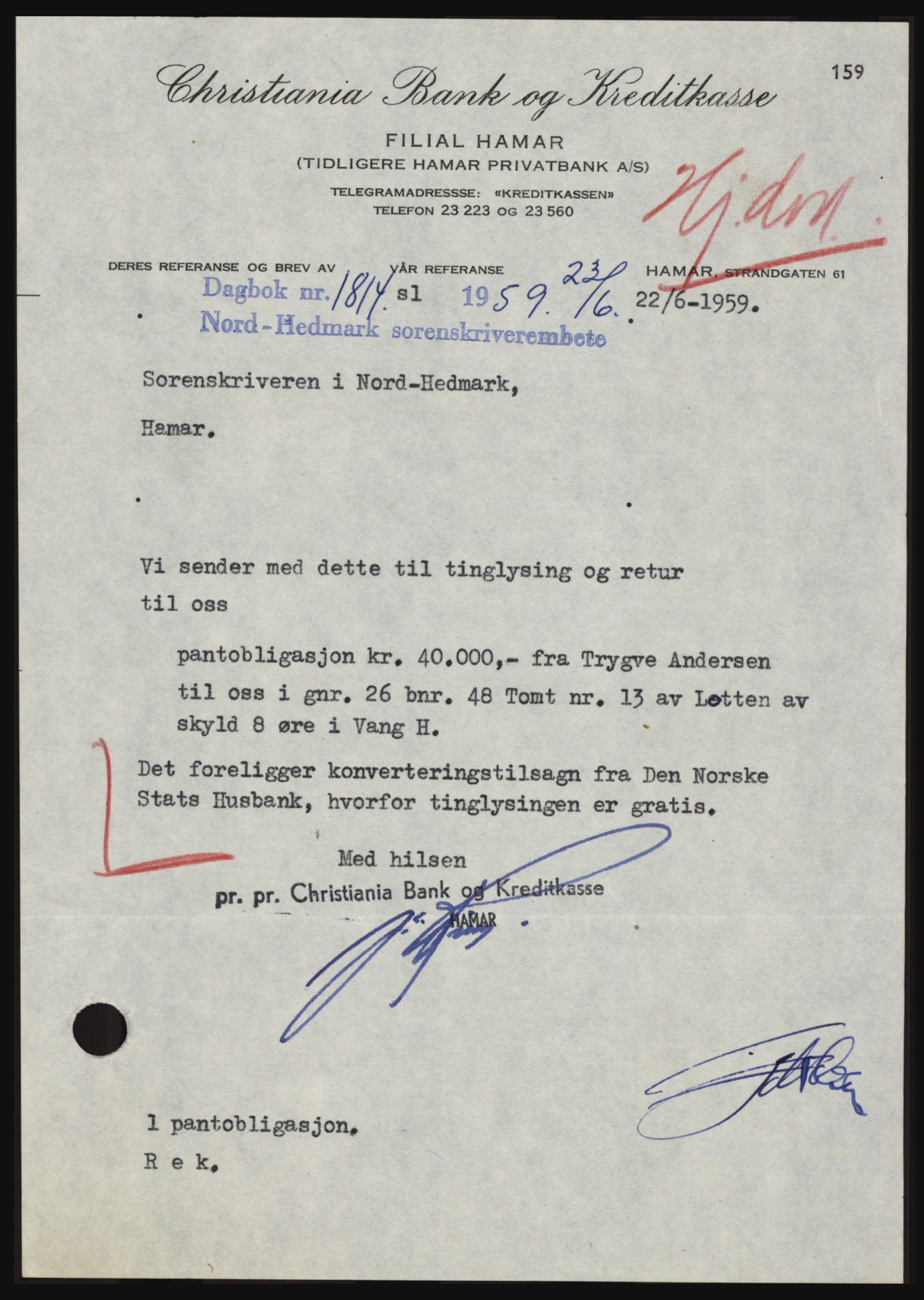 Nord-Hedmark sorenskriveri, SAH/TING-012/H/Hc/L0013: Pantebok nr. 13, 1959-1960, Dagboknr: 1814/1959