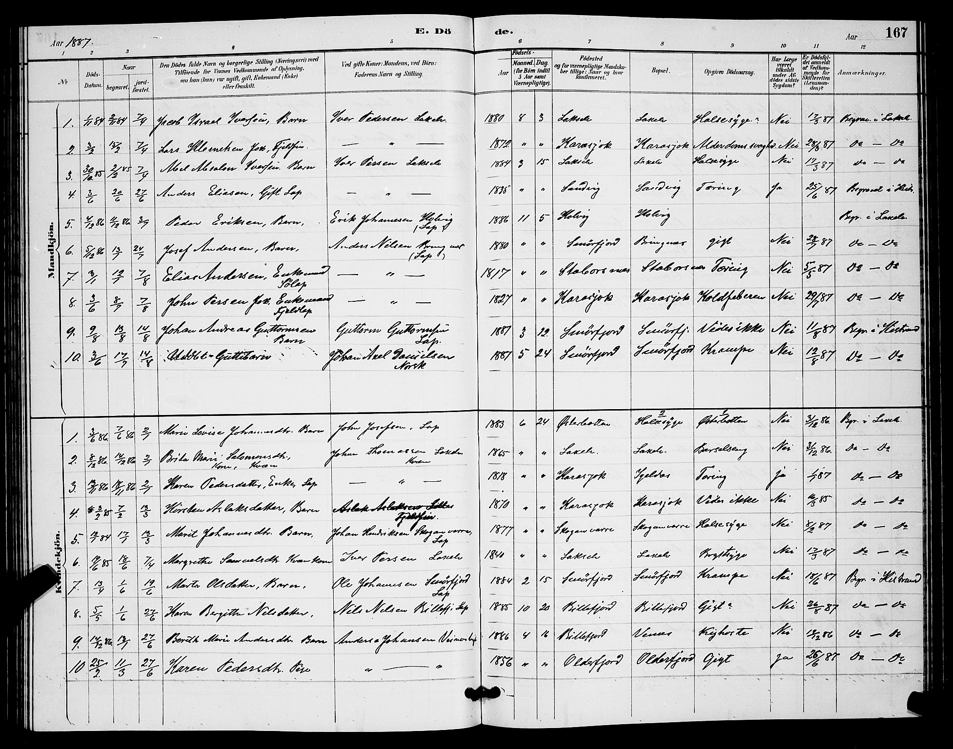 Kistrand/Porsanger sokneprestembete, AV/SATØ-S-1351/H/Hb/L0004.klokk: Klokkerbok nr. 4, 1885-1894, s. 167