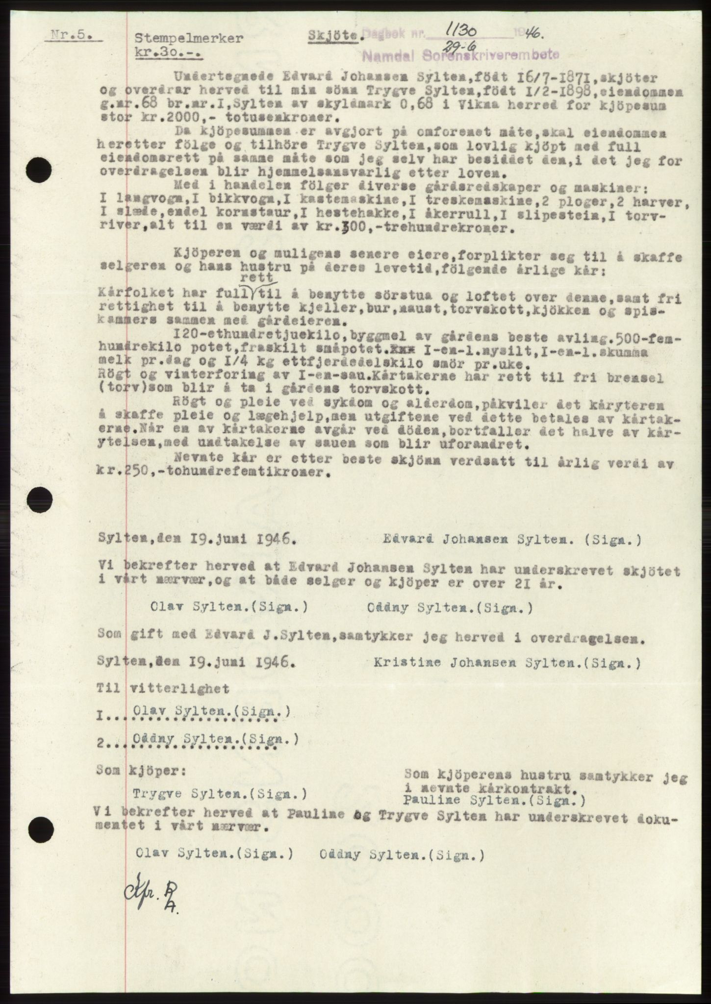 Namdal sorenskriveri, SAT/A-4133/1/2/2C: Pantebok nr. -, 1946-1946, Dagboknr: 1130/1946