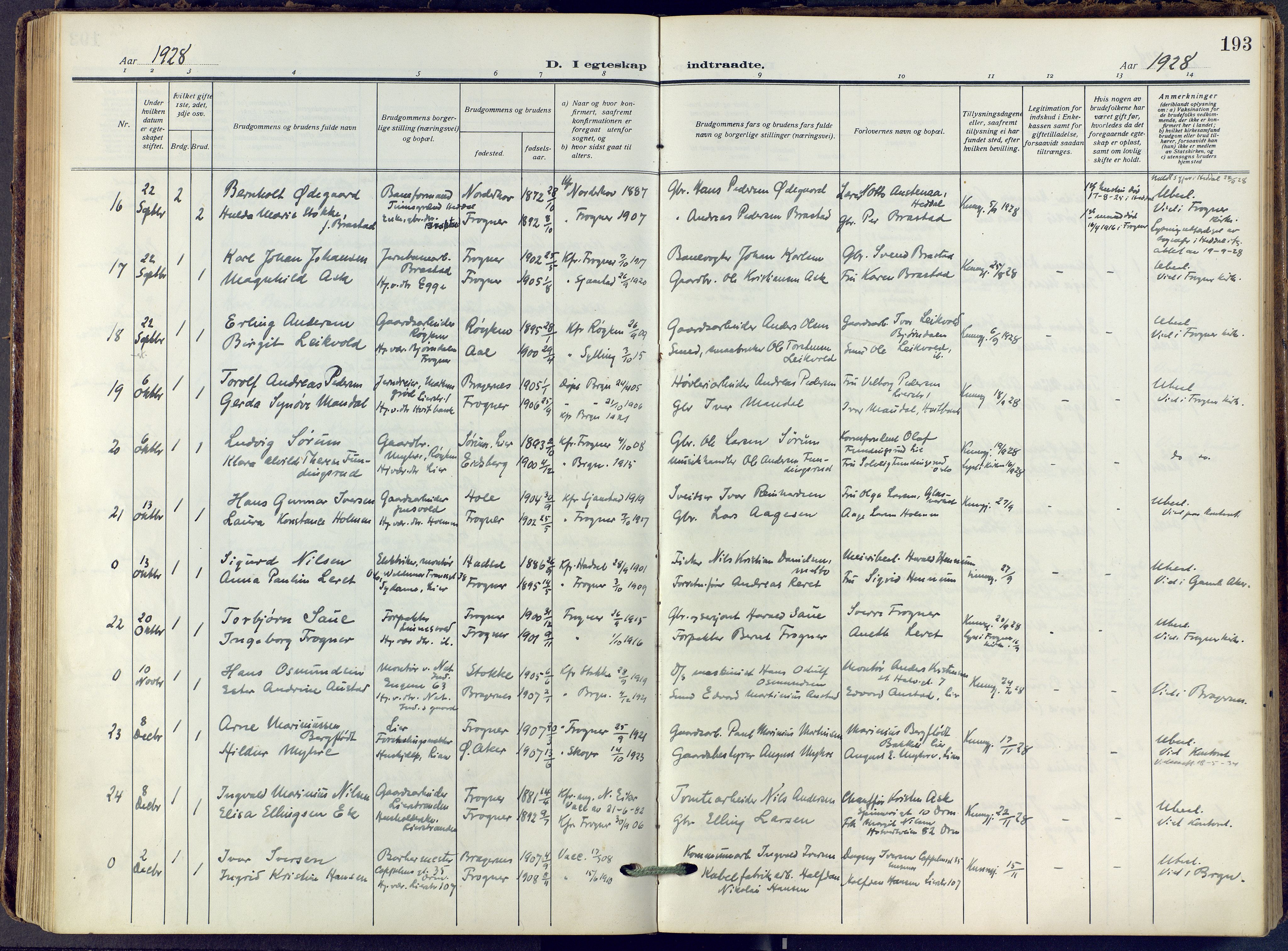 Lier kirkebøker, SAKO/A-230/F/Fa/L0019: Ministerialbok nr. I 19, 1918-1928, s. 193