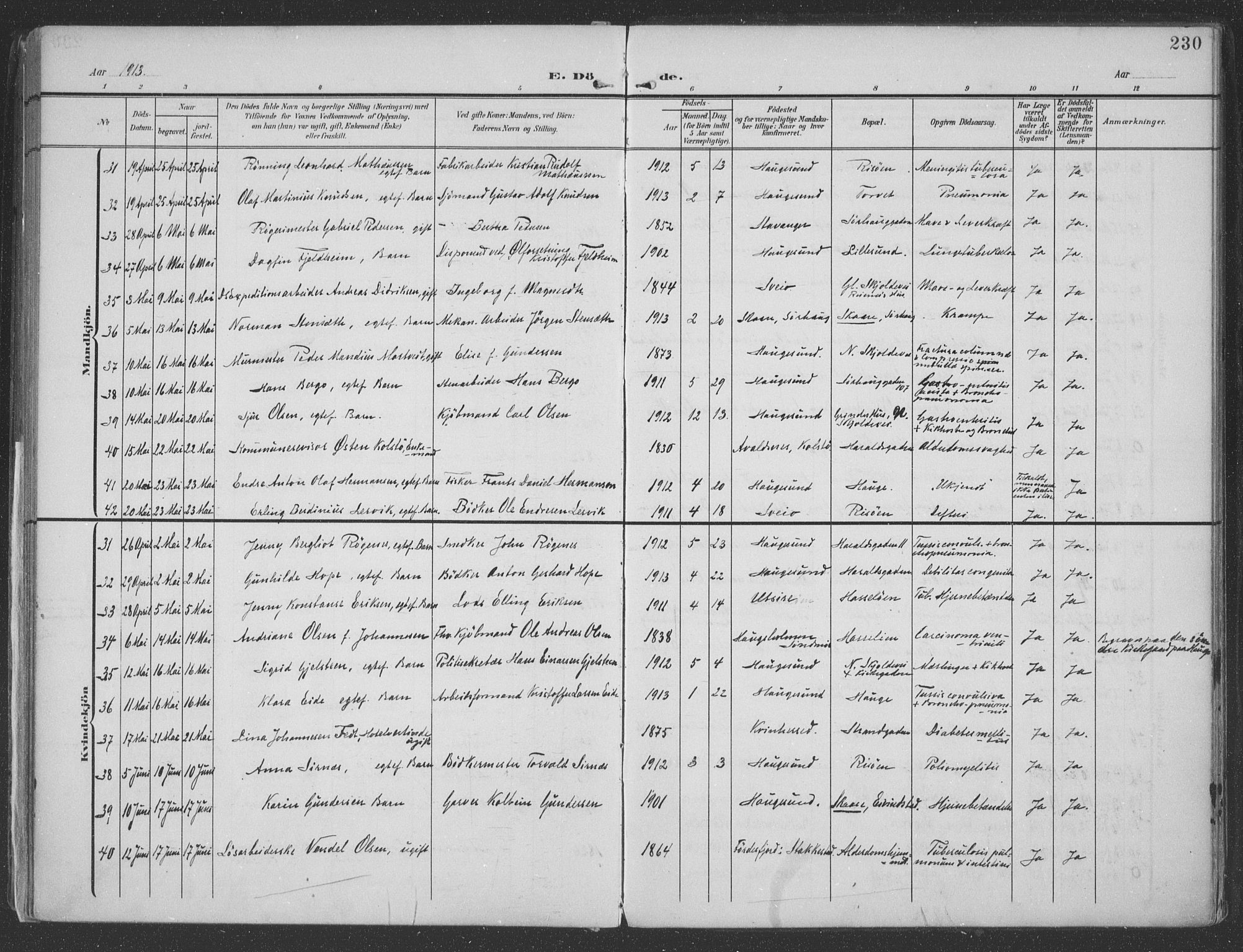 Haugesund sokneprestkontor, AV/SAST-A -101863/H/Ha/Haa/L0007: Ministerialbok nr. A 7, 1904-1916, s. 230