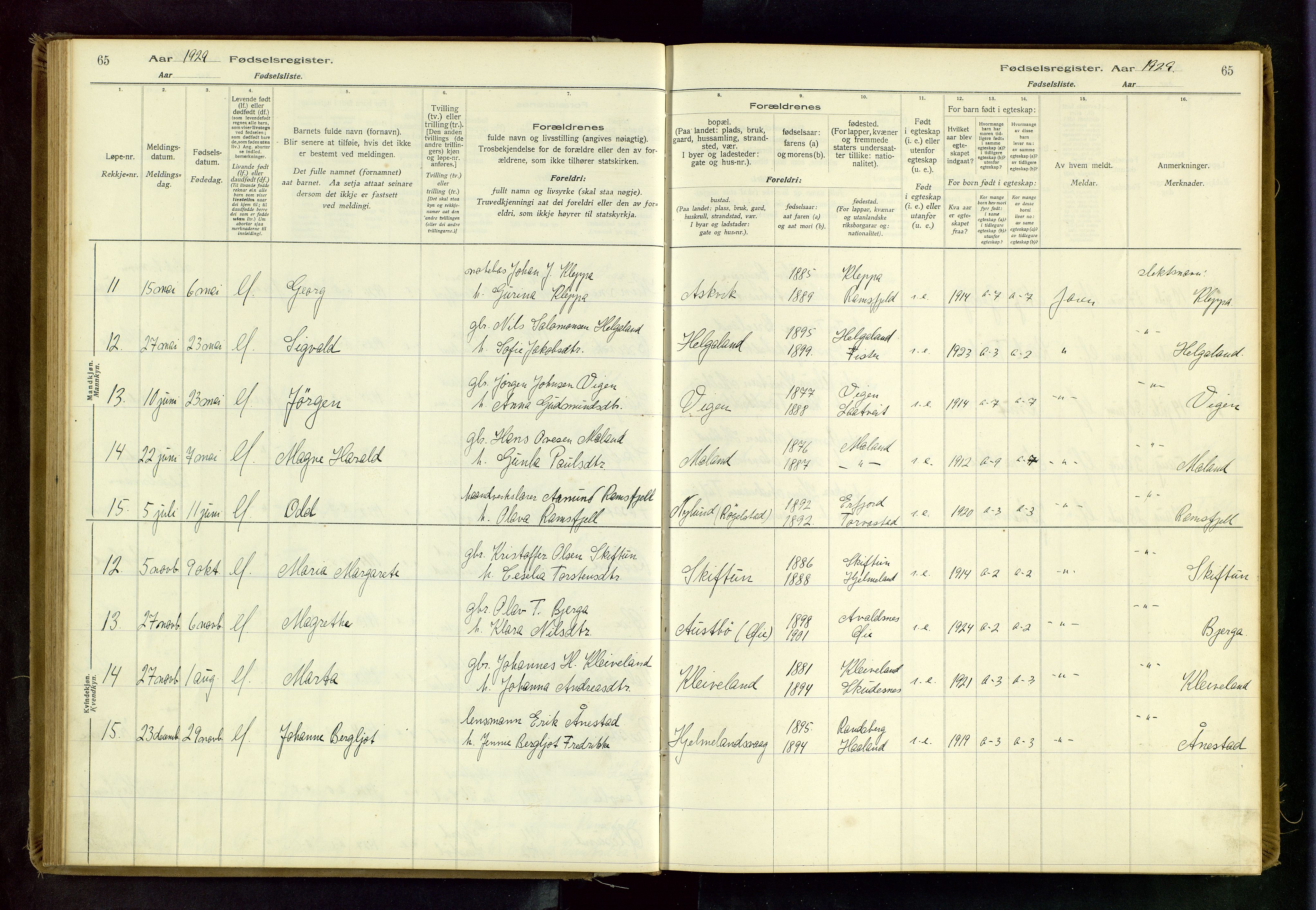 Hjelmeland sokneprestkontor, AV/SAST-A-101843/02/B/L0001: Fødselsregister nr. 1, 1916-1963, s. 65