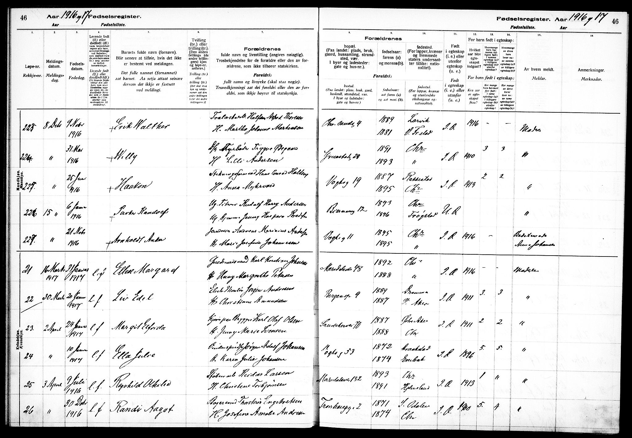 Sagene prestekontor Kirkebøker, AV/SAO-A-10796/J/L0001: Fødselsregister nr. 1, 1916-1920, s. 46