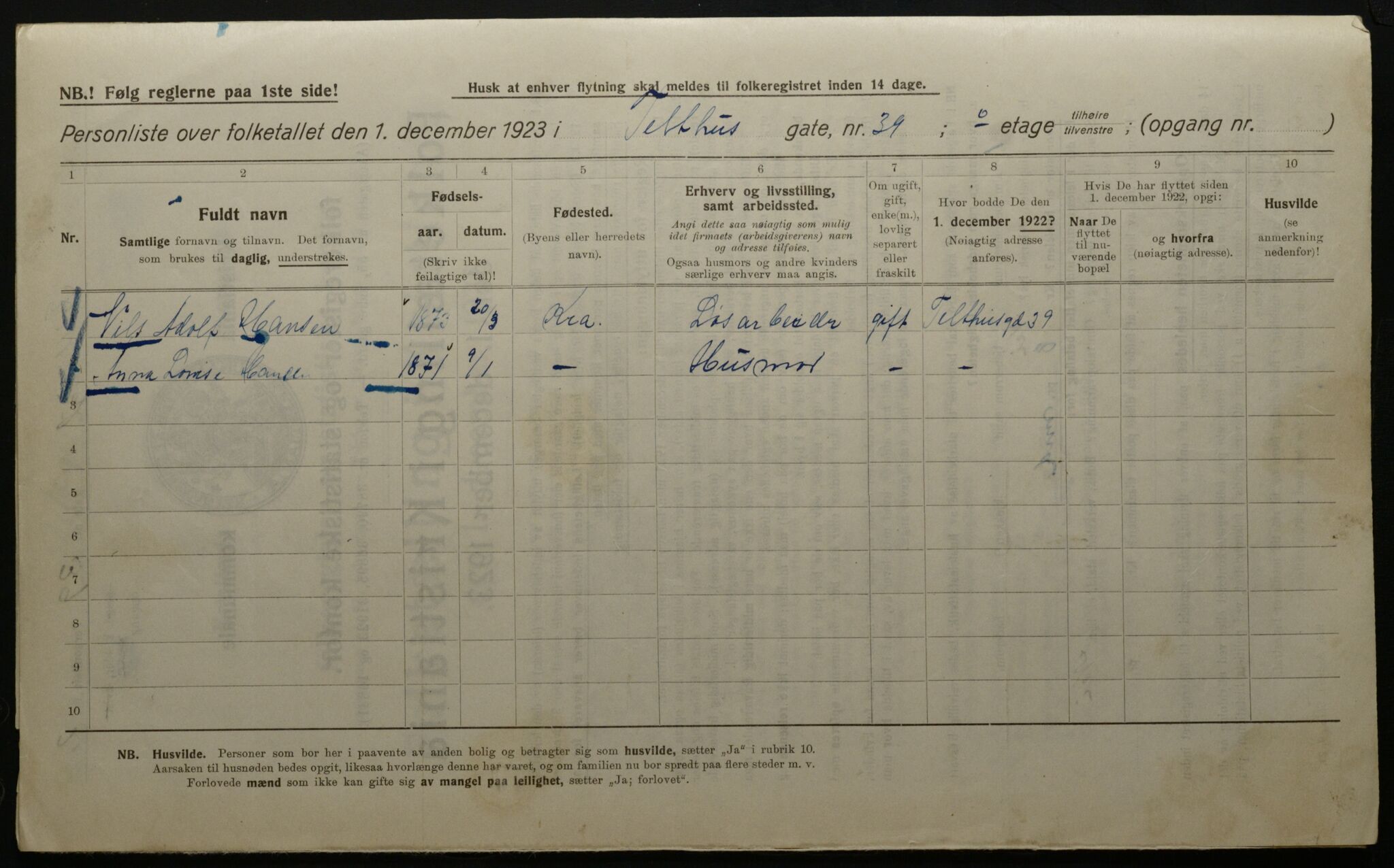 OBA, Kommunal folketelling 1.12.1923 for Kristiania, 1923, s. 118943