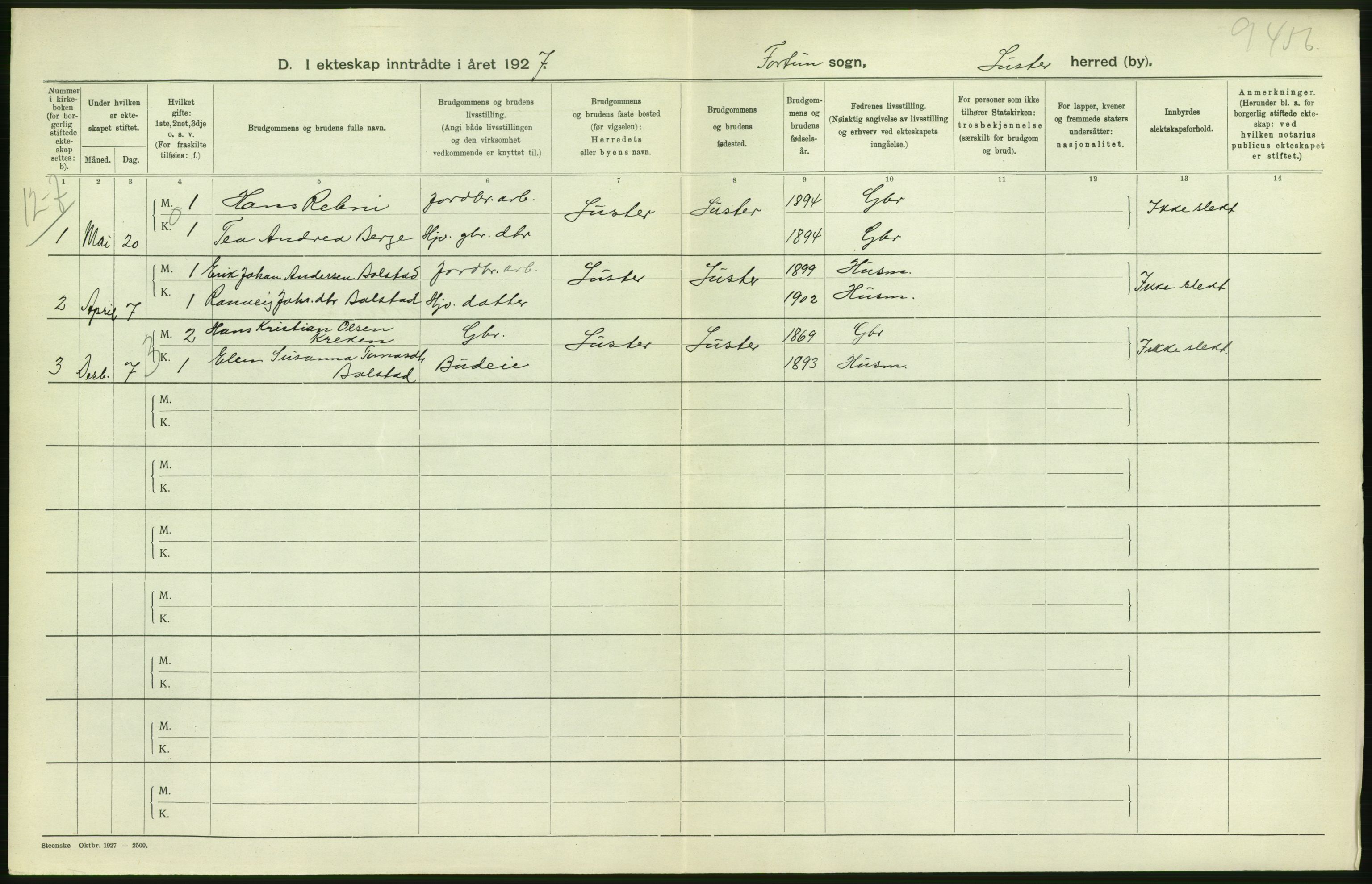 Statistisk sentralbyrå, Sosiodemografiske emner, Befolkning, AV/RA-S-2228/D/Df/Dfc/Dfcg/L0030: Sogn og Fjordane fylke: Gifte, døde. Bygder., 1927, s. 8