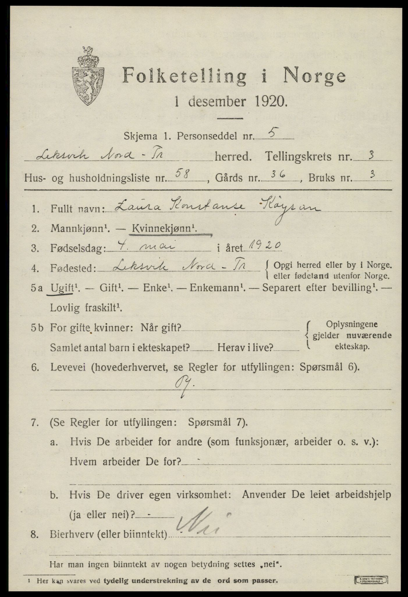 SAT, Folketelling 1920 for 1718 Leksvik herred, 1920, s. 3476