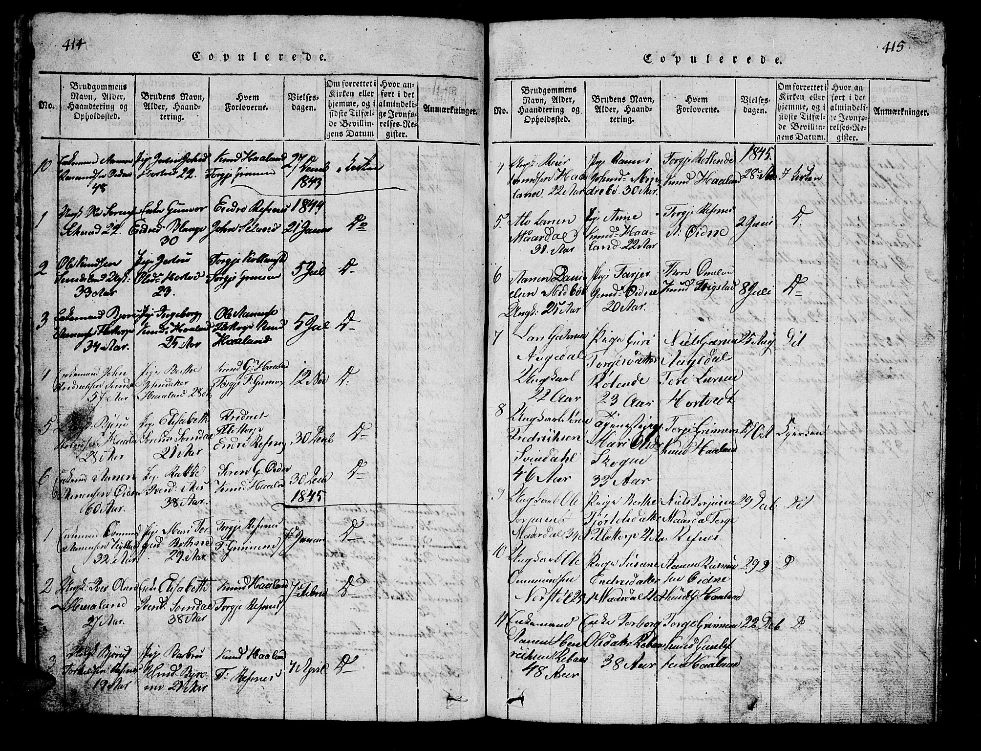 Bjelland sokneprestkontor, SAK/1111-0005/F/Fb/Fbc/L0001: Klokkerbok nr. B 1, 1815-1870, s. 414-415