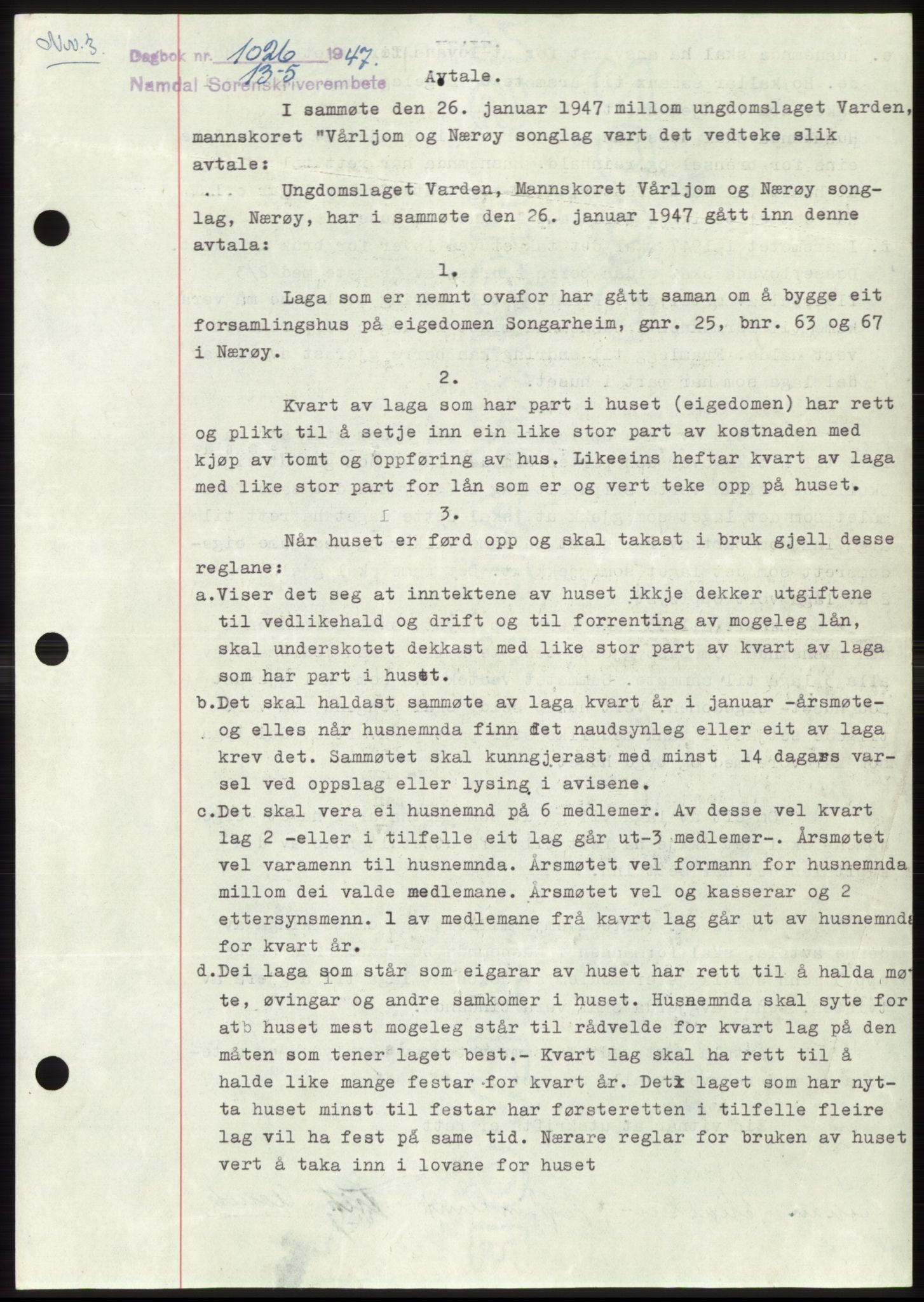 Namdal sorenskriveri, SAT/A-4133/1/2/2C: Pantebok nr. -, 1947-1947, Dagboknr: 1026/1947
