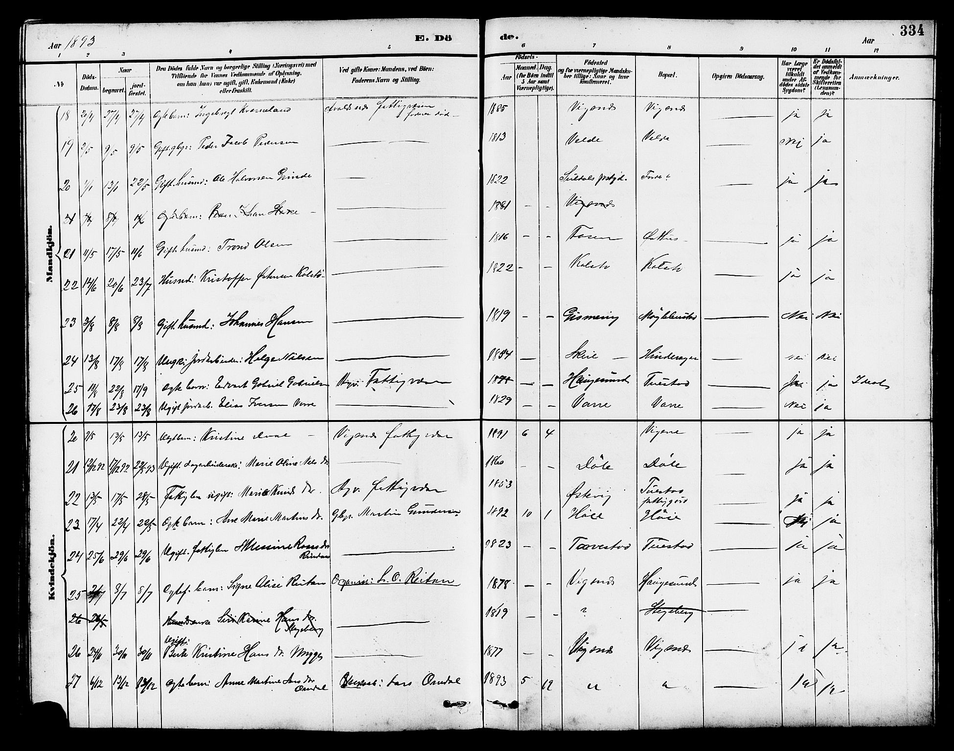 Avaldsnes sokneprestkontor, AV/SAST-A -101851/H/Ha/Hab/L0007: Klokkerbok nr. B 7, 1885-1909, s. 334