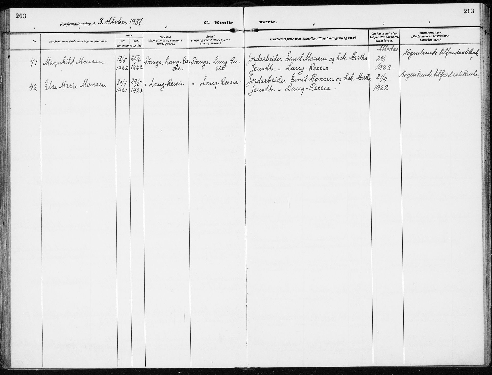 Stange prestekontor, AV/SAH-PREST-002/K/L0026: Ministerialbok nr. 26, 1923-1937, s. 203