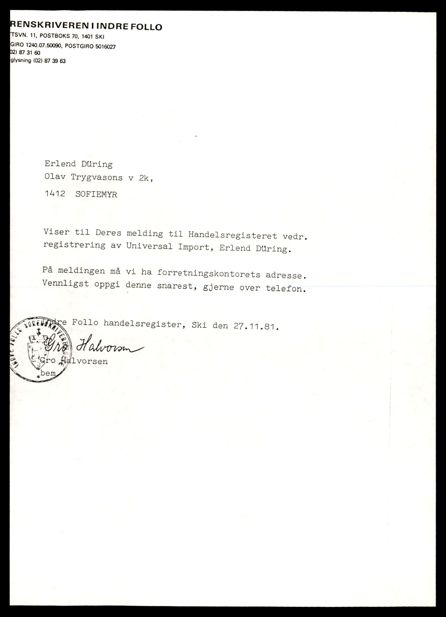 Indre Follo tingrett, AV/SAT-A-10086/K/Kb/Kbb/L0014: Enkeltmannsforetak og ANS, U - Å, 1944-1990, s. 1
