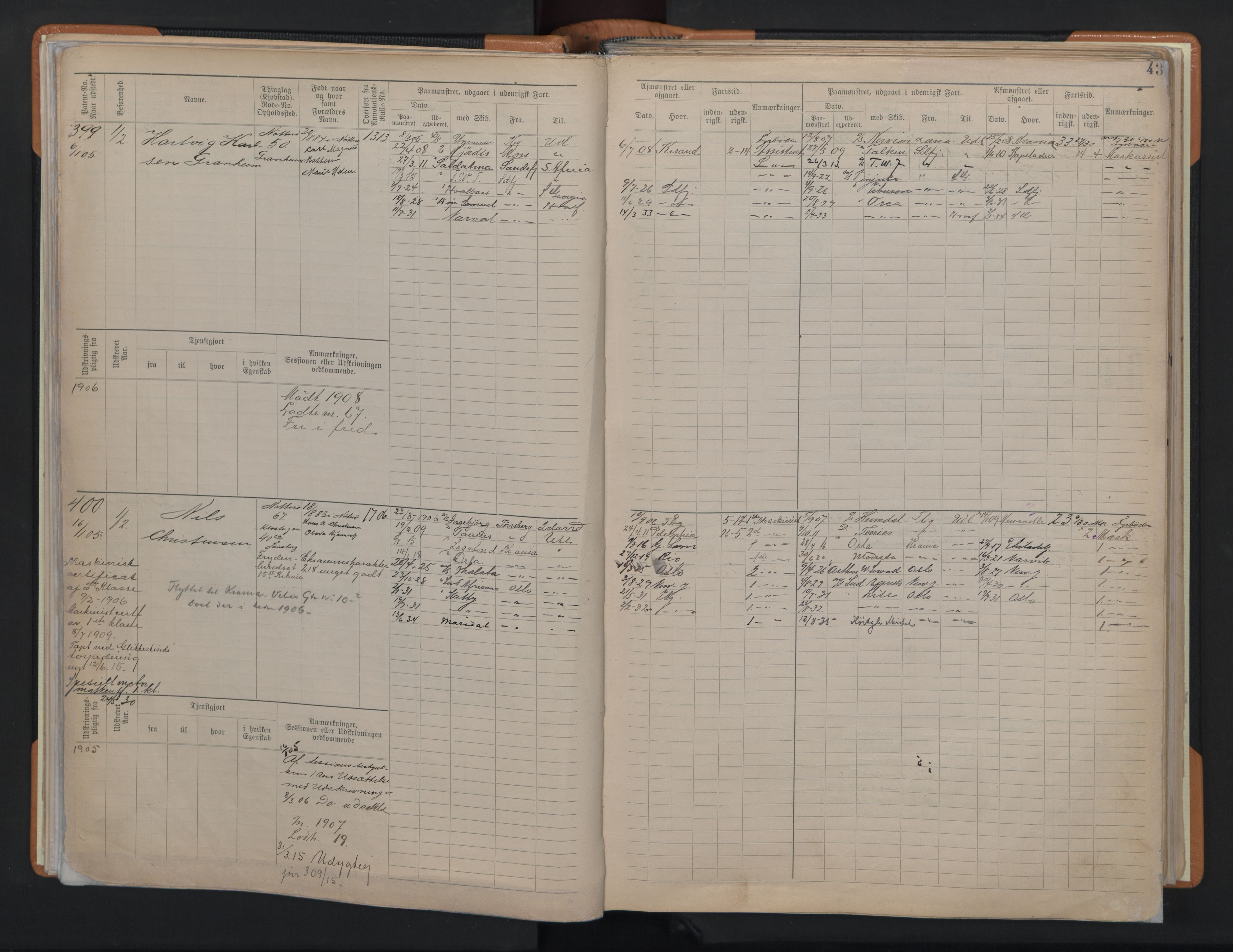 Tønsberg innrulleringskontor, AV/SAKO-A-786/F/Fe/L0004: Maskinist- og fyrbøterrulle Patent nr. 315-1079, 1902-1922, s. 43