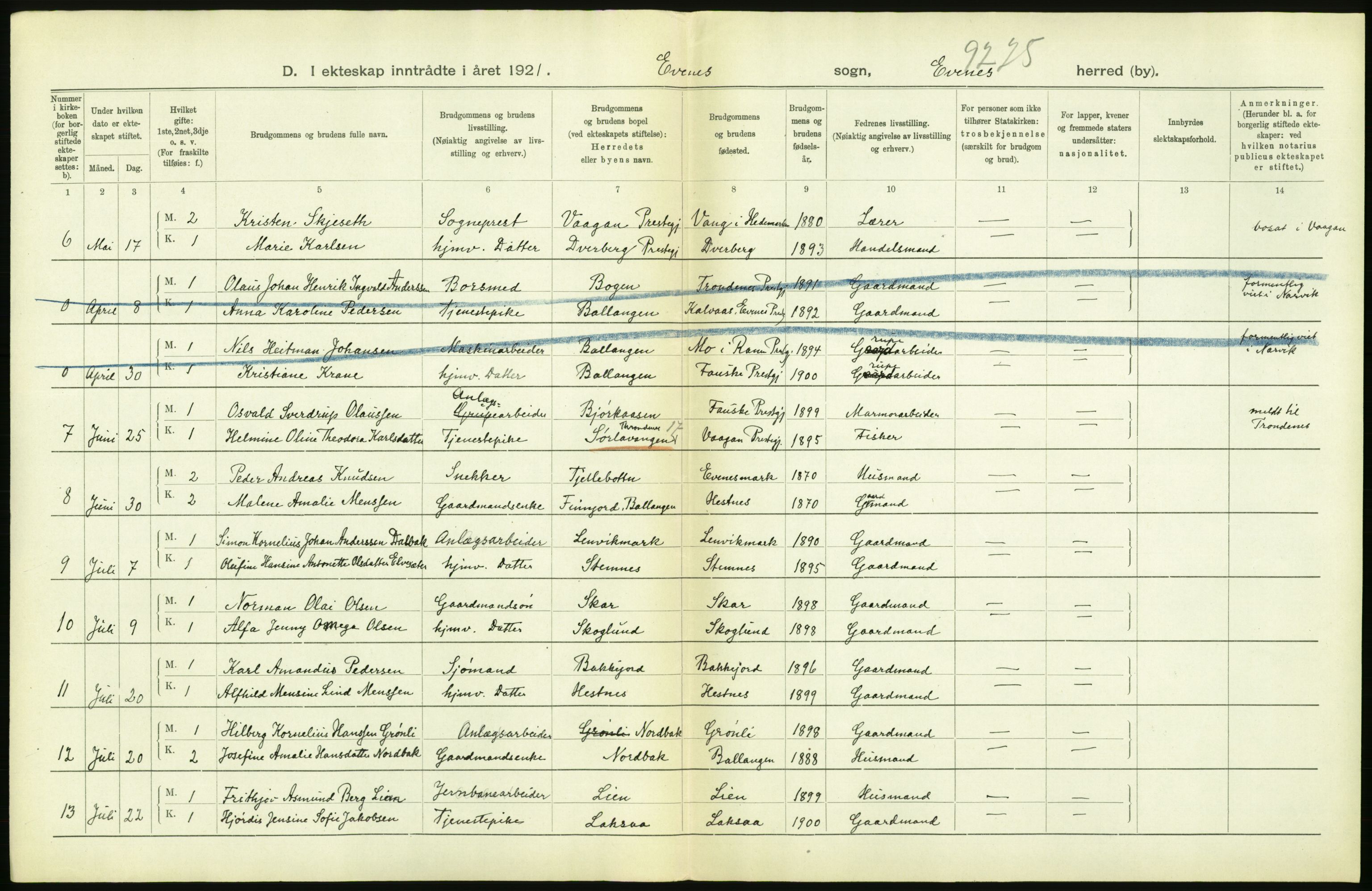 Statistisk sentralbyrå, Sosiodemografiske emner, Befolkning, AV/RA-S-2228/D/Df/Dfc/Dfca/L0050: Nordland fylke: Levendefødte menn og kvinner. Byer. Samt gifte, dødfødte. Bygder og byer., 1921, s. 312