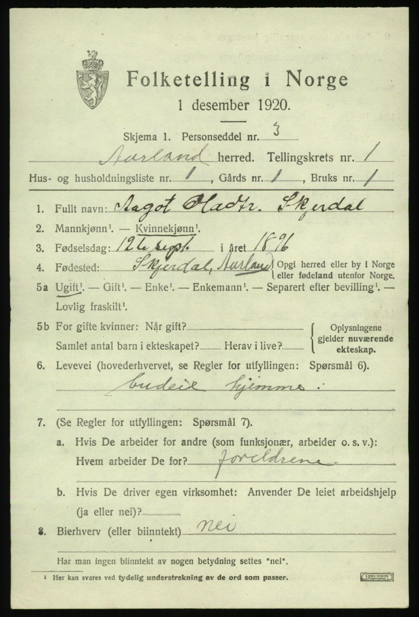 SAB, Folketelling 1920 for 1421 Aurland herred, 1920, s. 802