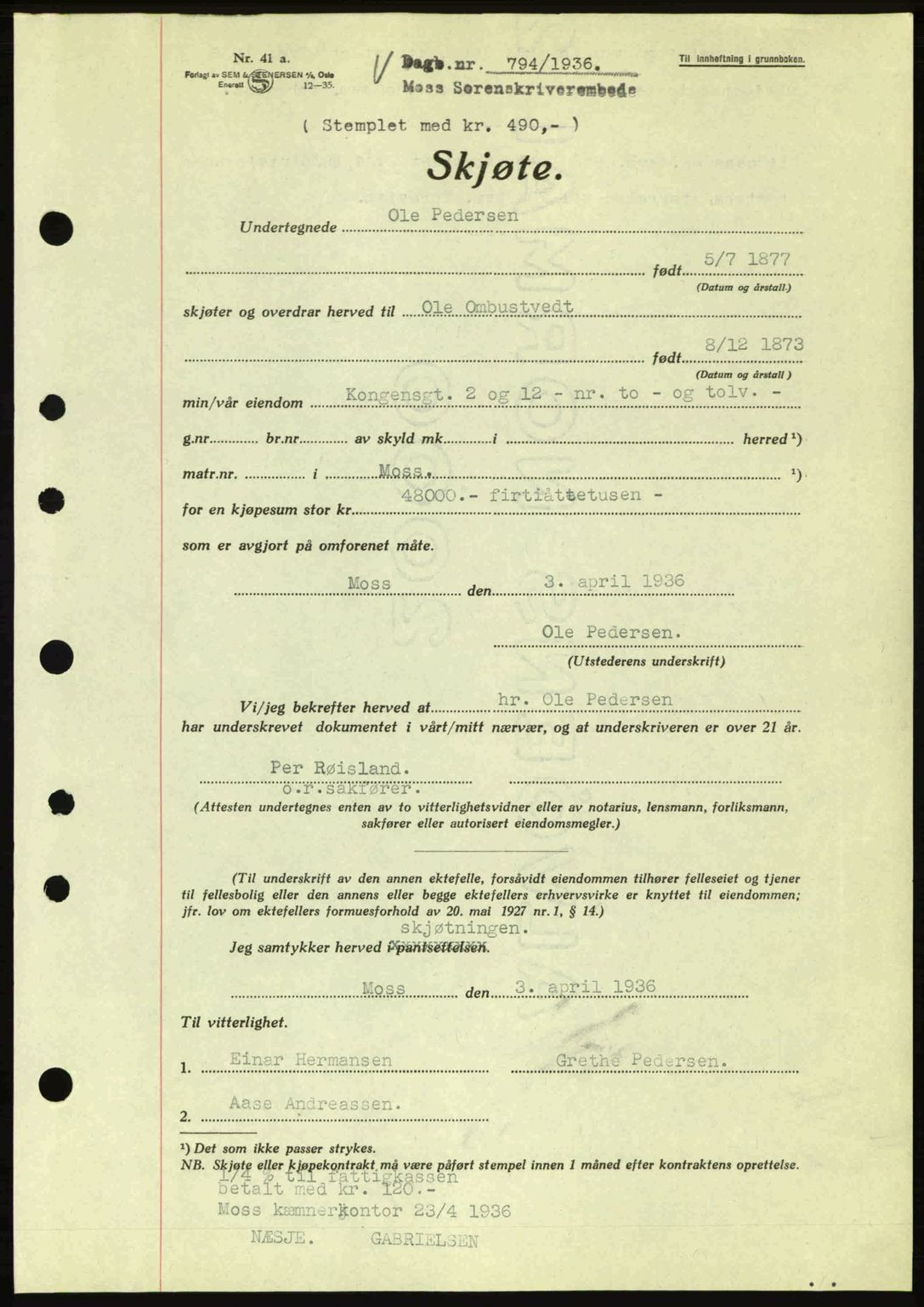 Moss sorenskriveri, SAO/A-10168: Pantebok nr. A1, 1936-1936, Dagboknr: 794/1936