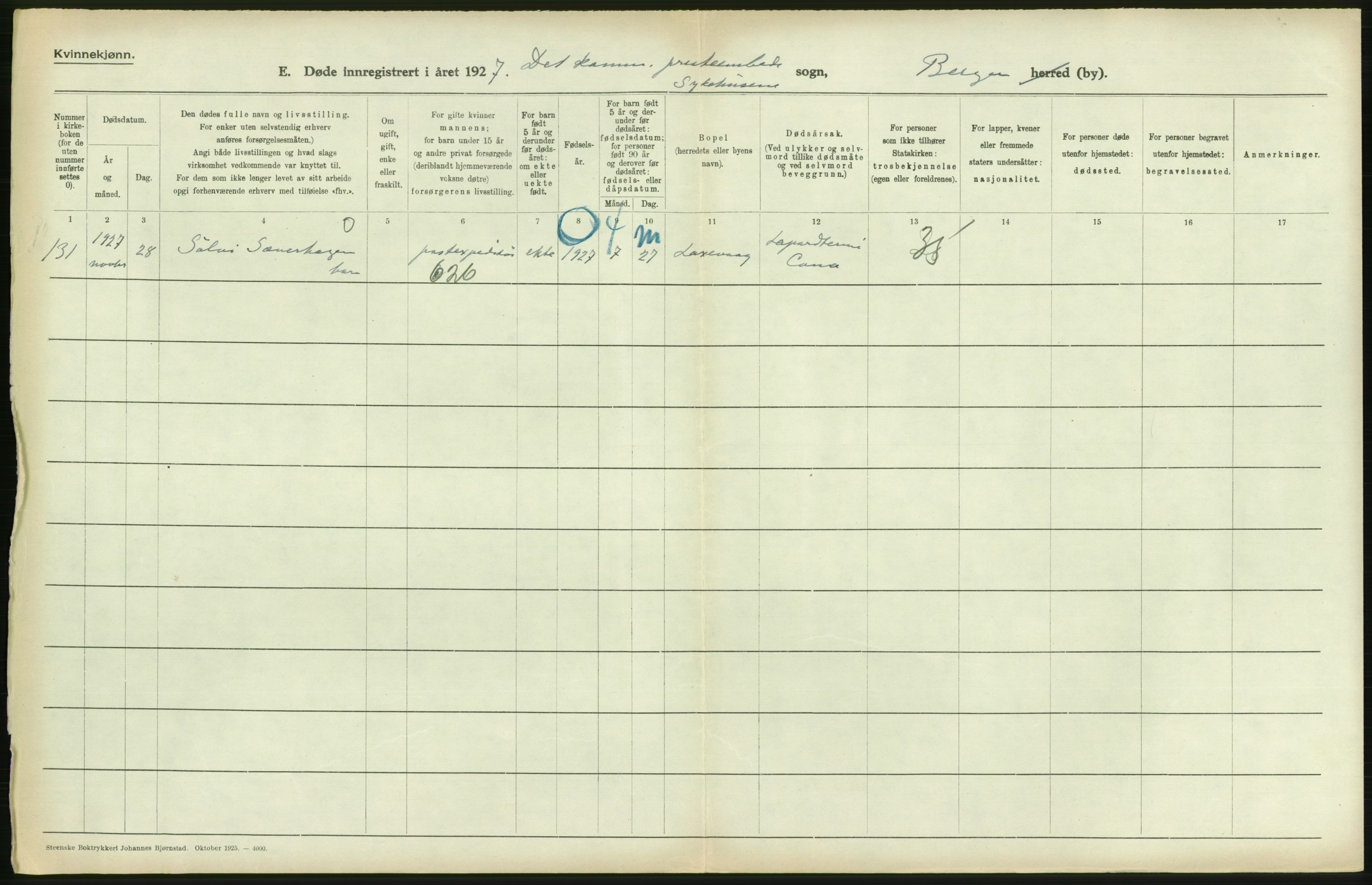 Statistisk sentralbyrå, Sosiodemografiske emner, Befolkning, AV/RA-S-2228/D/Df/Dfc/Dfcg/L0028: Bergen: Gifte, døde., 1927, s. 554