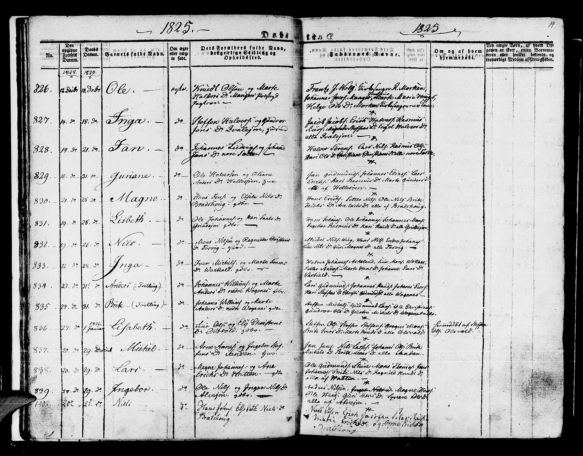 Manger sokneprestembete, AV/SAB-A-76801/H/Haa: Ministerialbok nr. A 4, 1824-1838, s. 14