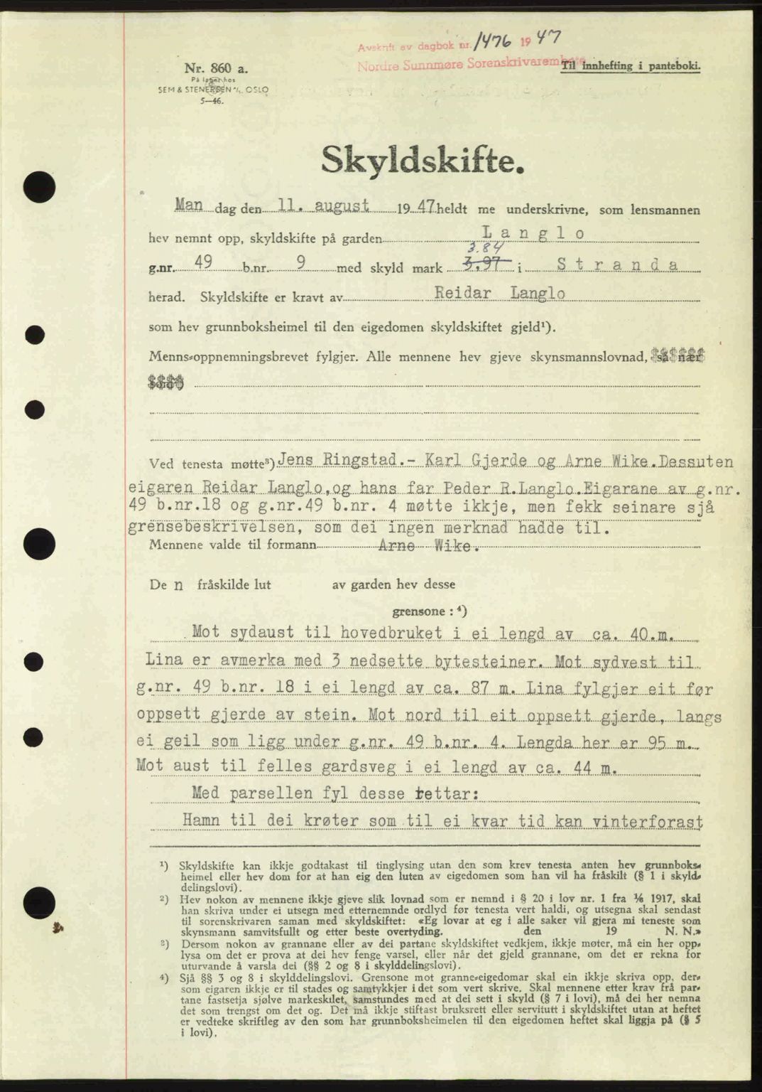 Nordre Sunnmøre sorenskriveri, AV/SAT-A-0006/1/2/2C/2Ca: Pantebok nr. A25, 1947-1947, Dagboknr: 1476/1947