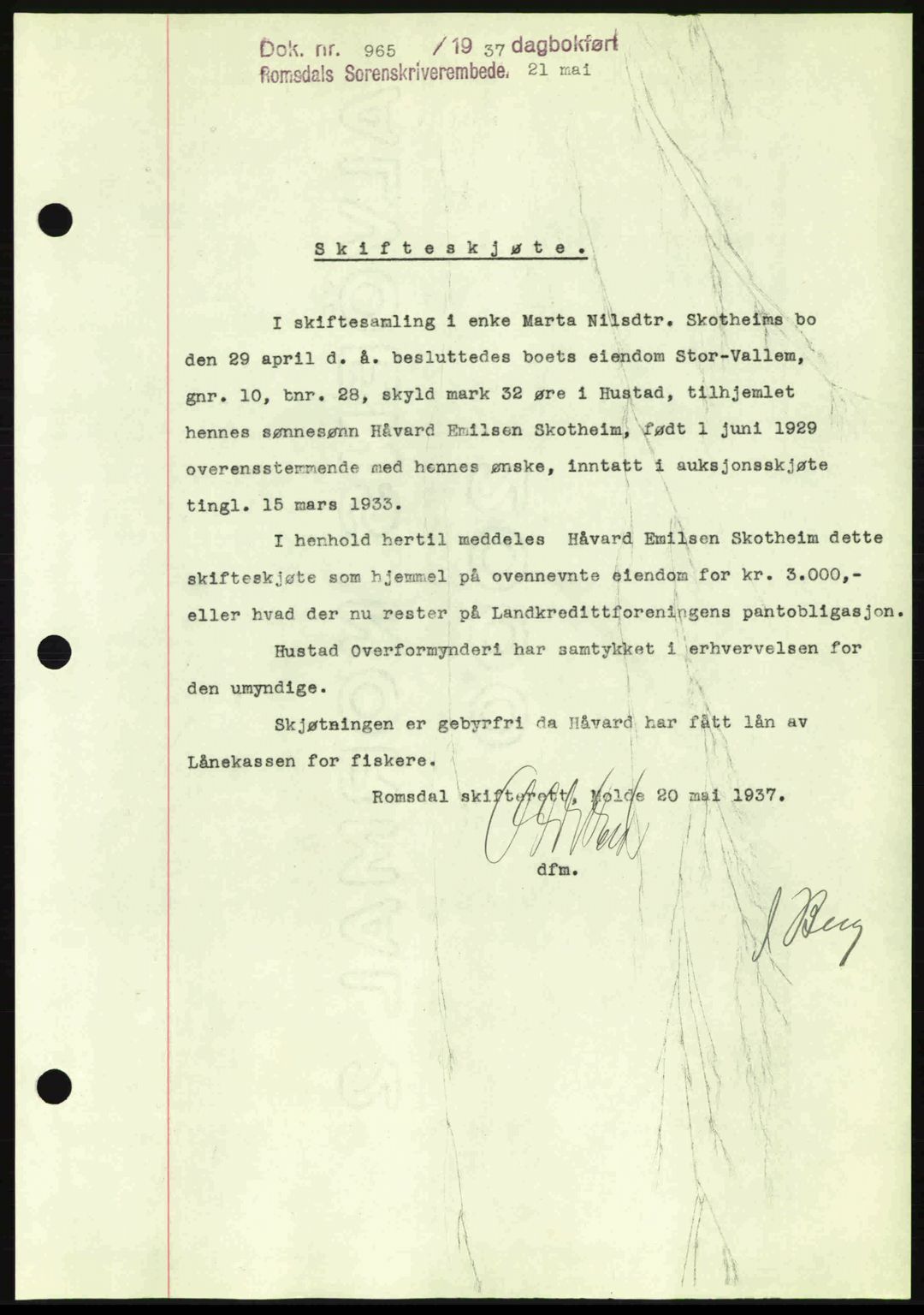Romsdal sorenskriveri, SAT/A-4149/1/2/2C: Pantebok nr. A3, 1937-1937, Dagboknr: 965/1937