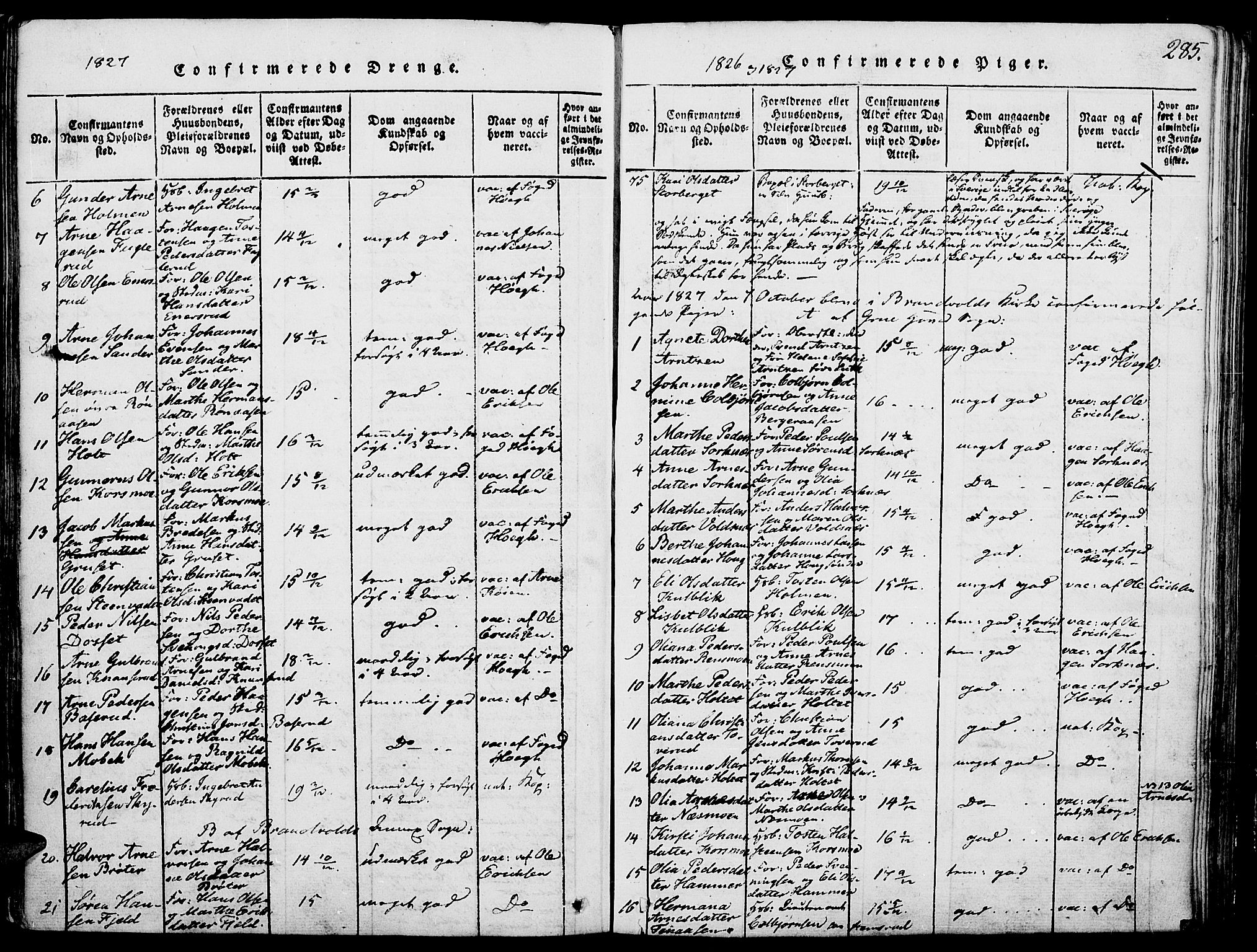 Grue prestekontor, AV/SAH-PREST-036/H/Ha/Haa/L0006: Ministerialbok nr. 6, 1814-1830, s. 285