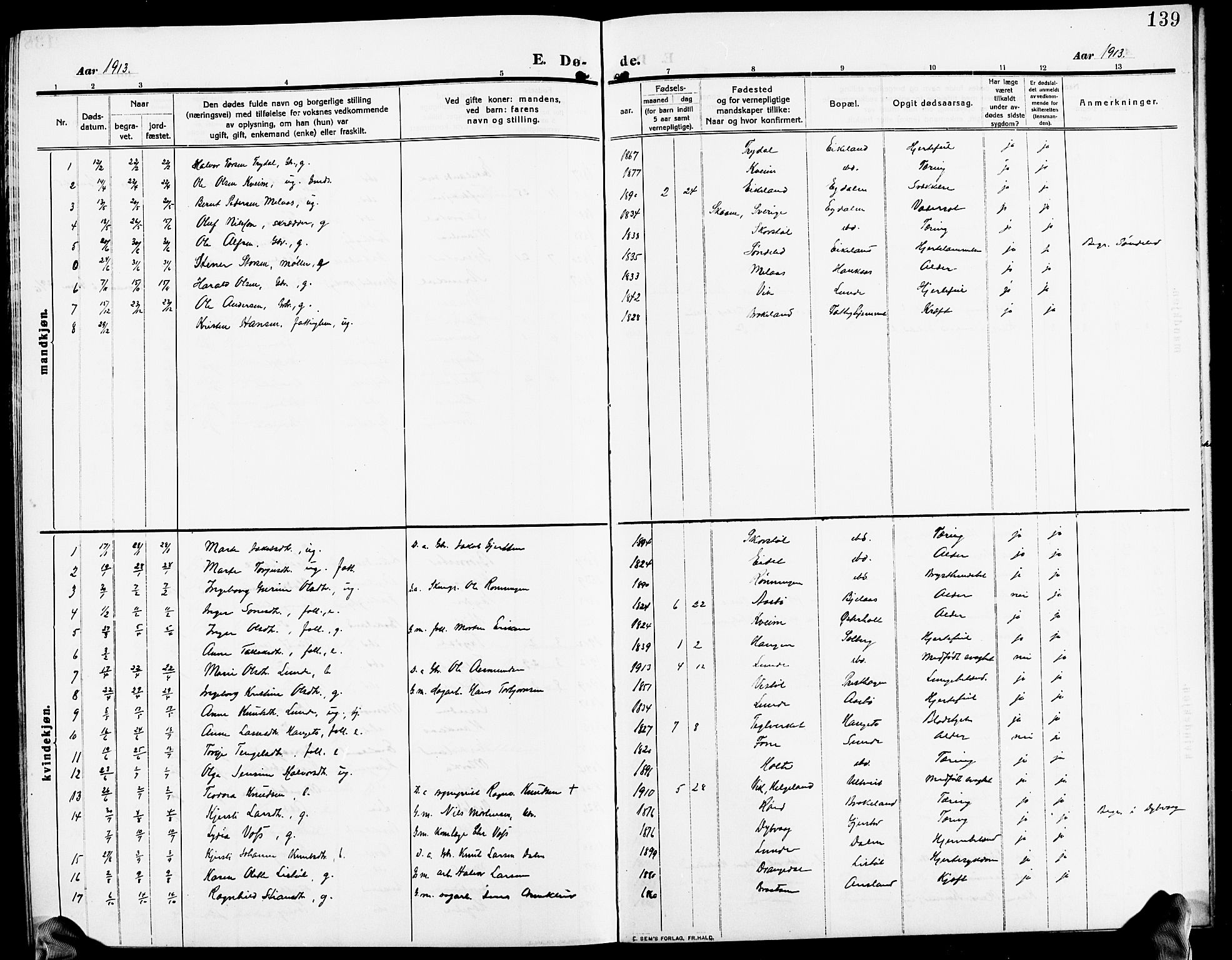 Gjerstad sokneprestkontor, SAK/1111-0014/F/Fb/Fba/L0008: Klokkerbok nr. B 8, 1909-1925, s. 139