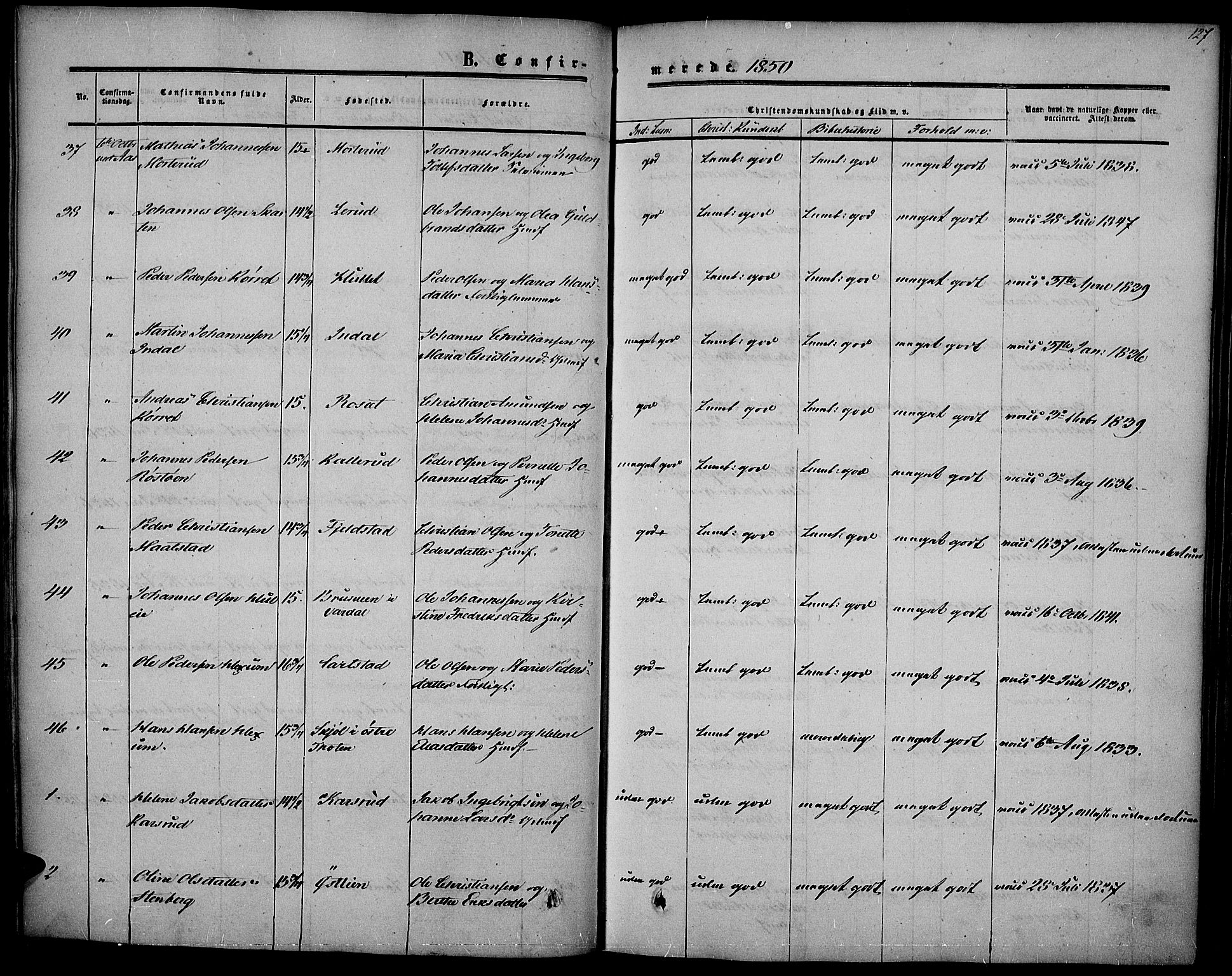 Vestre Toten prestekontor, AV/SAH-PREST-108/H/Ha/Haa/L0005: Ministerialbok nr. 5, 1850-1855, s. 127