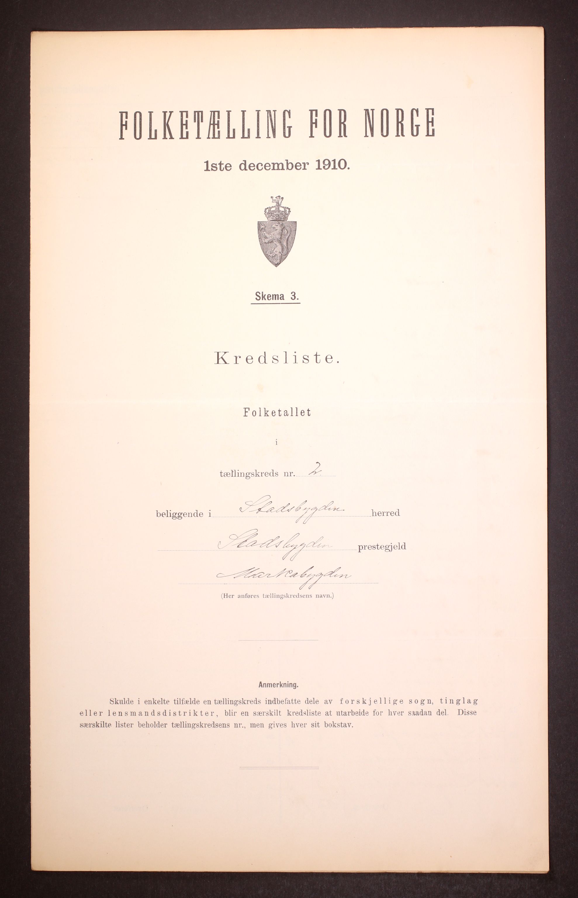 RA, Folketelling 1910 for 1625 Stadsbygd herred, 1910, s. 7