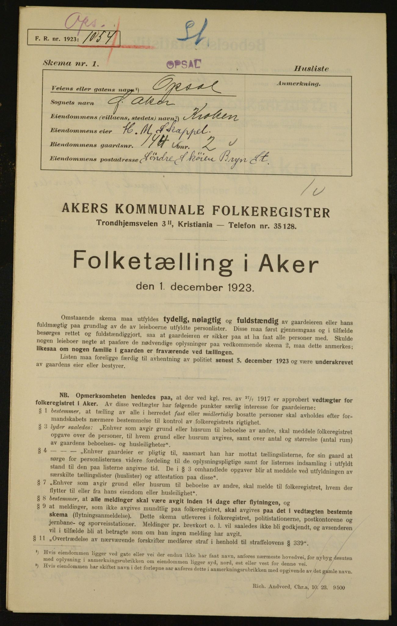 , Kommunal folketelling 1.12.1923 for Aker, 1923, s. 29239