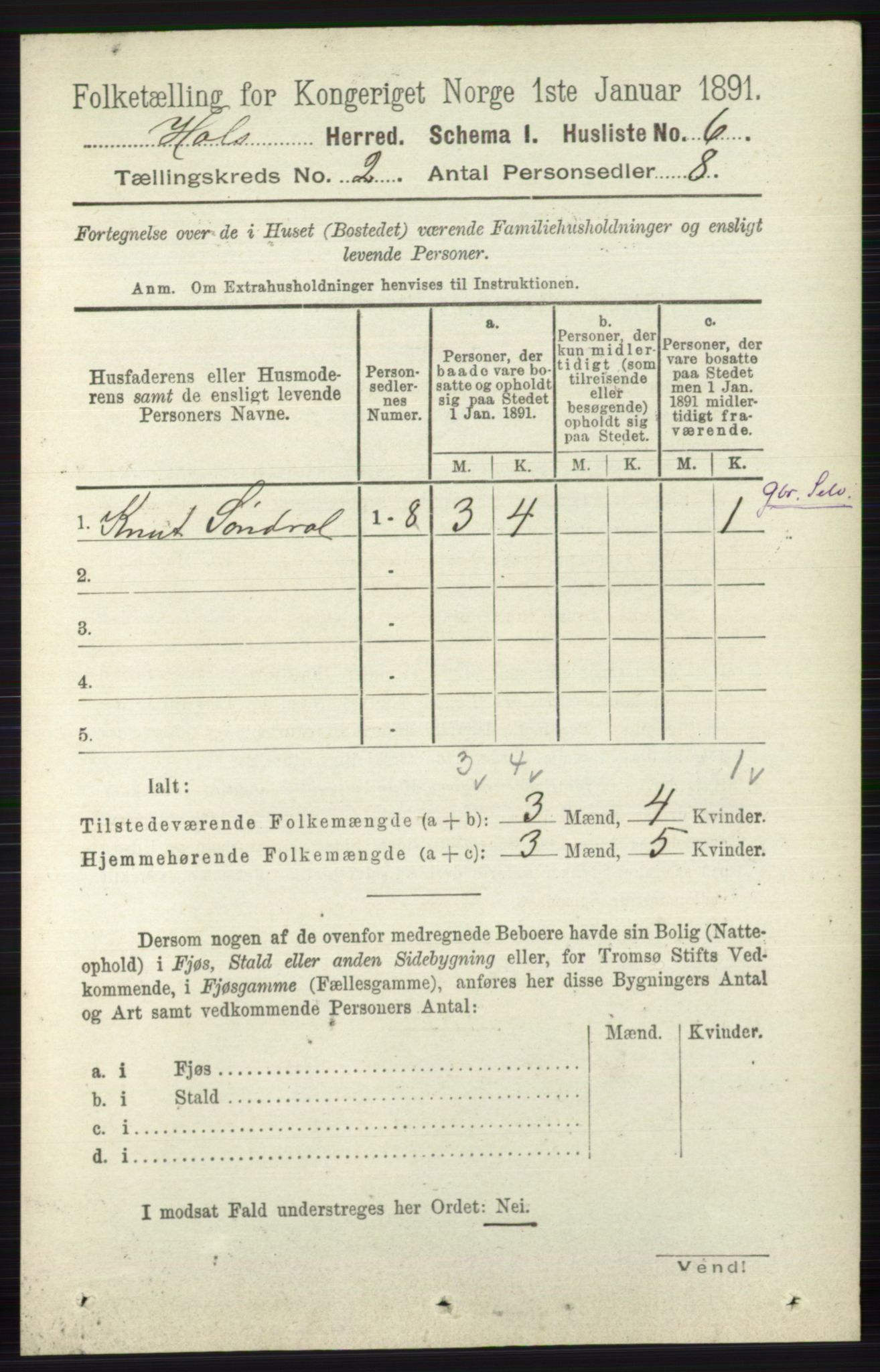 RA, Folketelling 1891 for 0620 Hol herred, 1891, s. 288