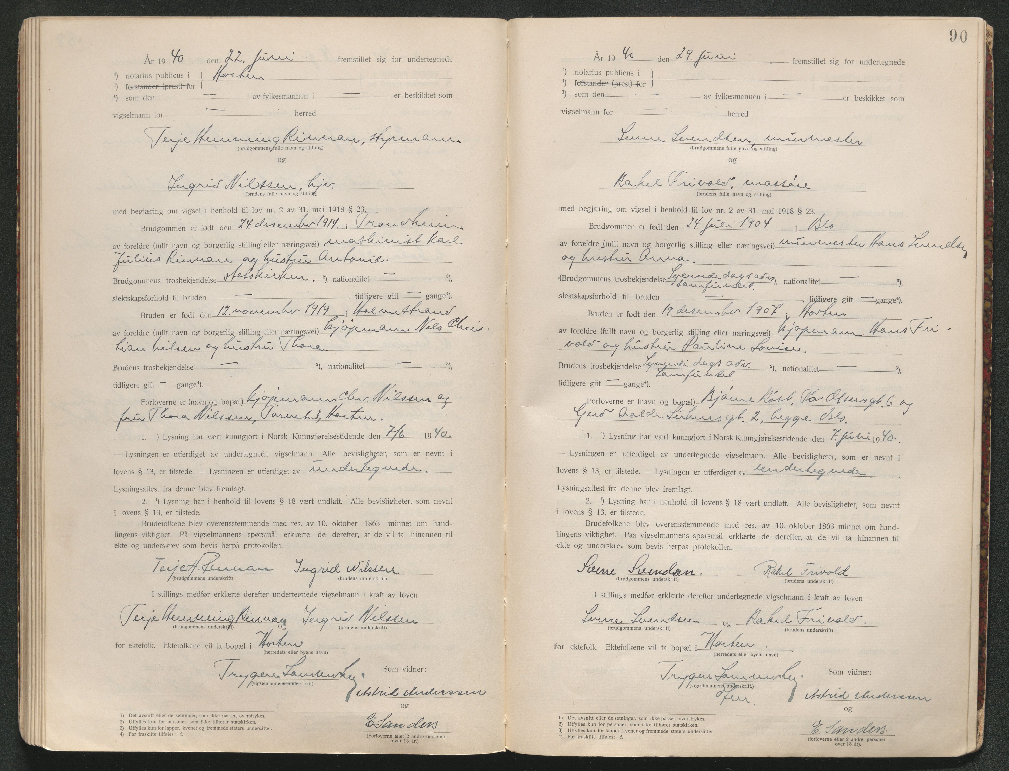 Horten sorenskriveri, AV/SAKO-A-133/L/Lc/L0001: Vigselsbok, 1920-1941, s. 92