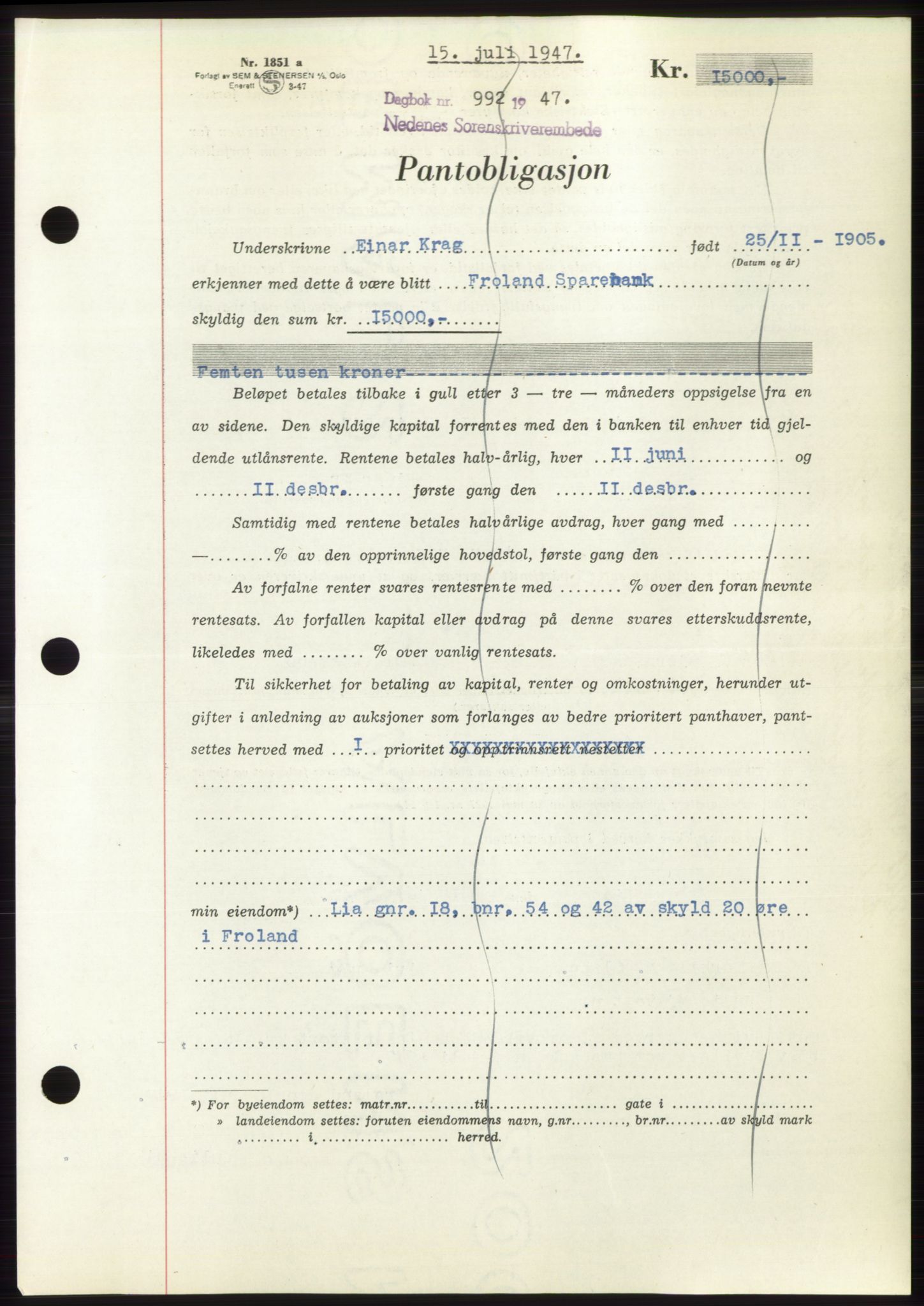 Nedenes sorenskriveri, SAK/1221-0006/G/Gb/Gbb/L0004: Pantebok nr. B4, 1947-1947, Dagboknr: 992/1947
