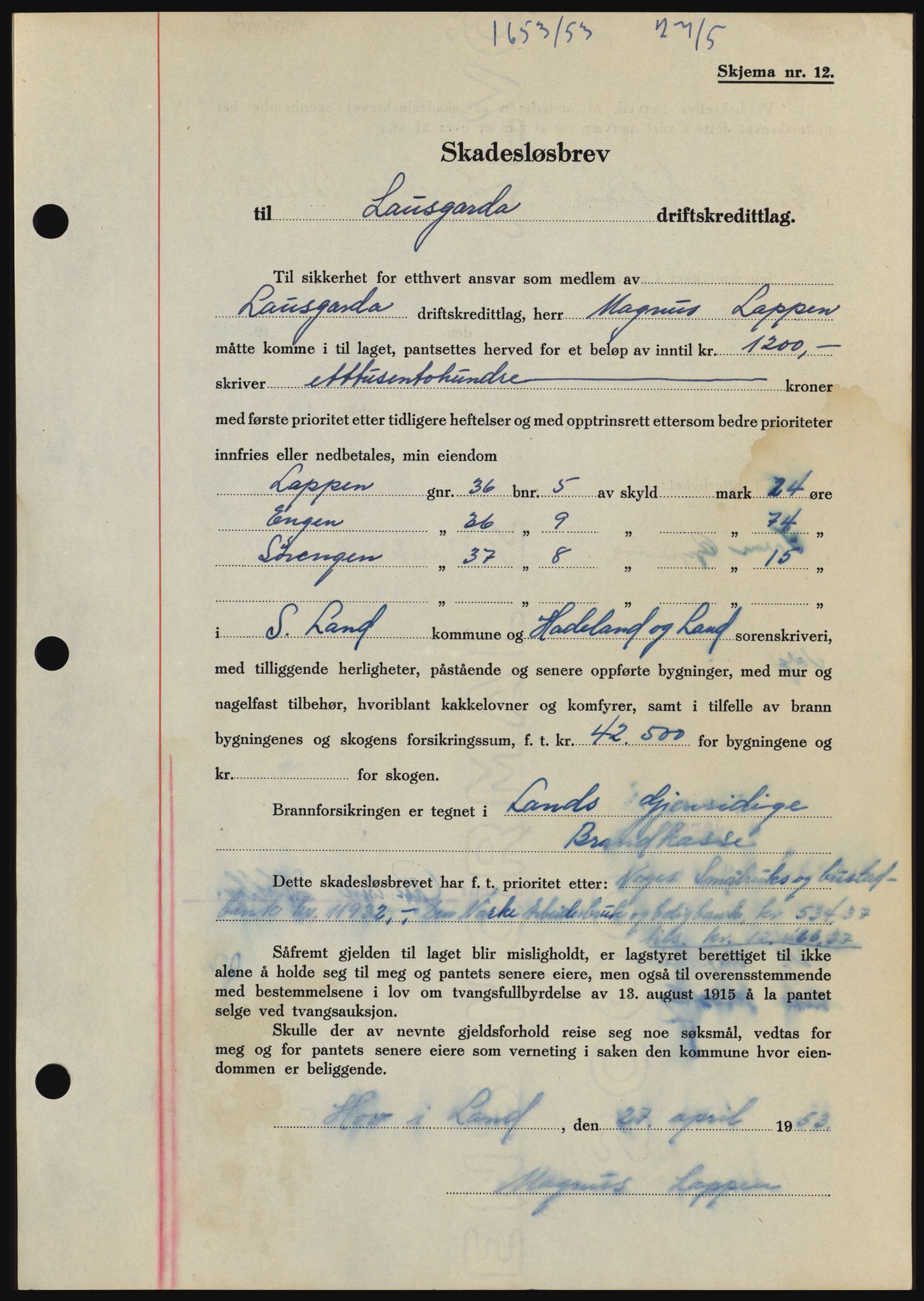 Hadeland og Land tingrett, SAH/TING-010/H/Hb/Hbc/L0027: Pantebok nr. B27, 1953-1953, Dagboknr: 1653/1953