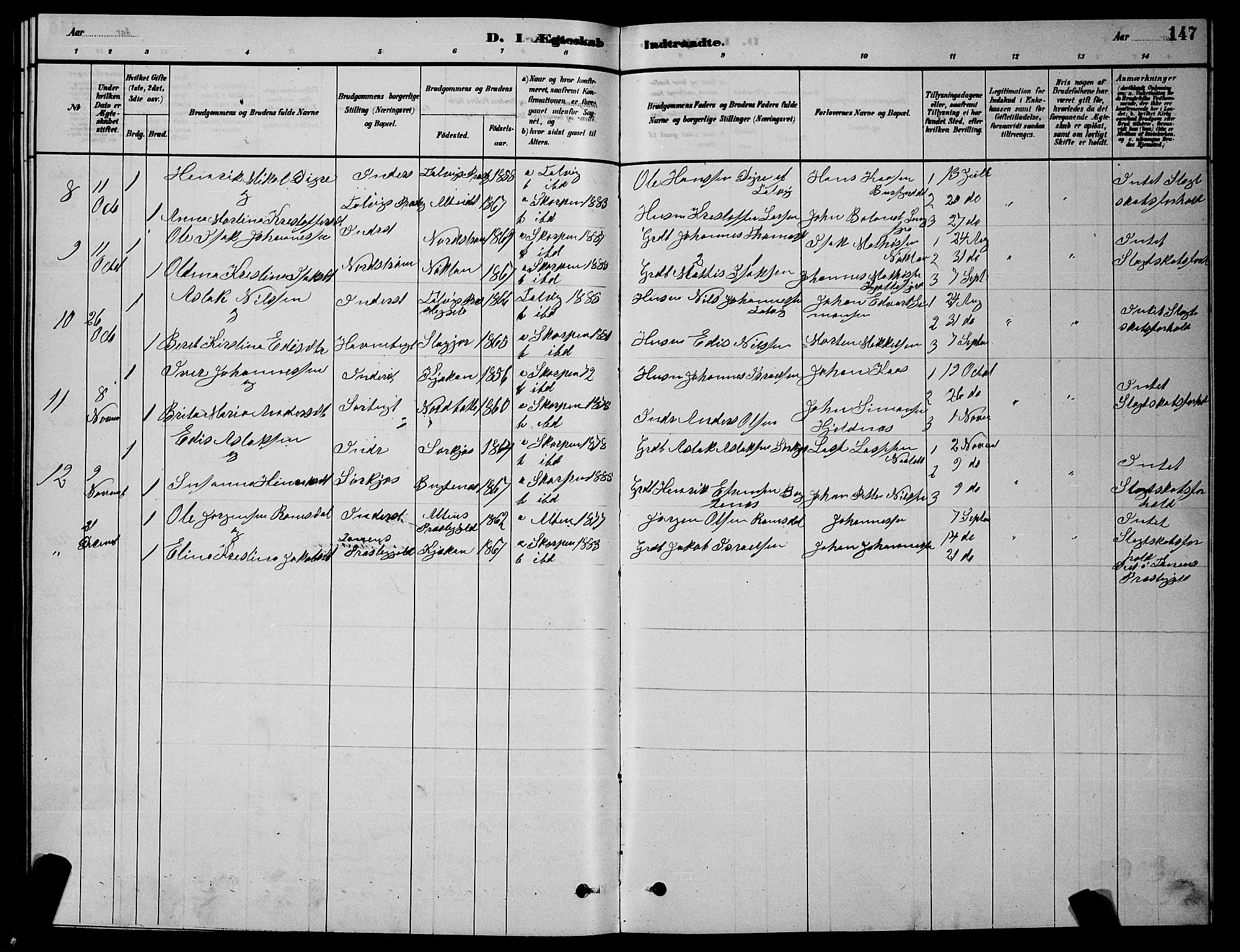 Skjervøy sokneprestkontor, AV/SATØ-S-1300/H/Ha/Hab/L0015klokker: Klokkerbok nr. 15, 1878-1890, s. 147