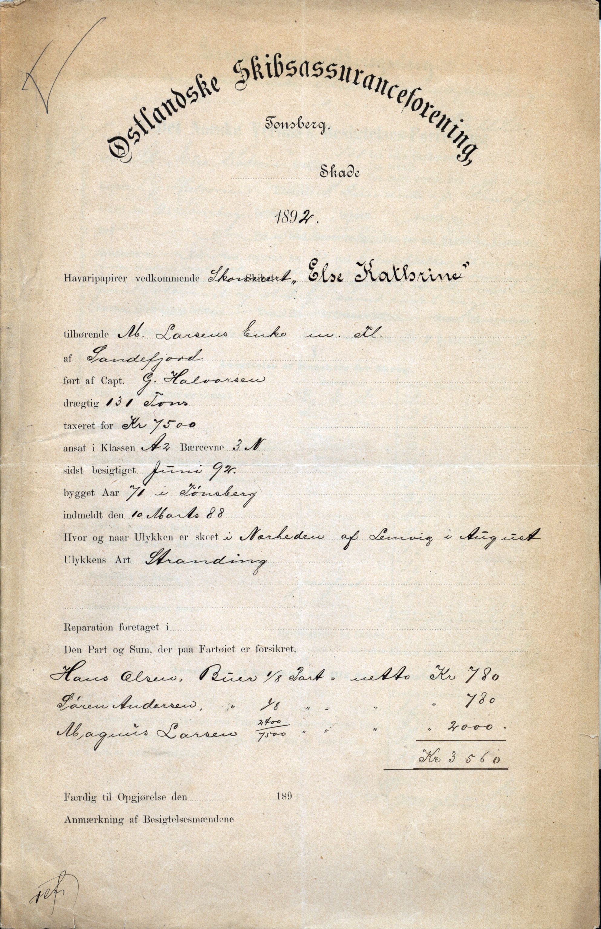Pa 63 - Østlandske skibsassuranceforening, VEMU/A-1079/G/Ga/L0029/0005: Havaridokumenter / Empress, Else Kathrine, Elida, Vikingstad, Væni, 1892