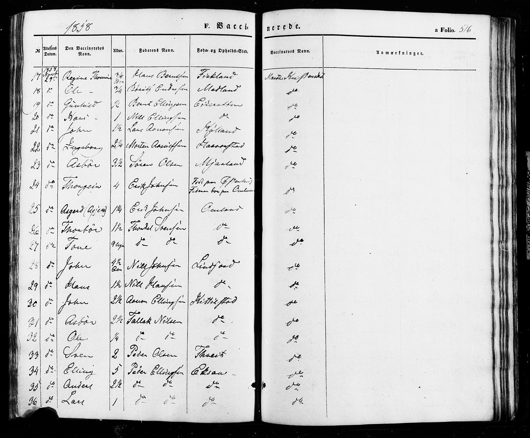 Åseral sokneprestkontor, AV/SAK-1111-0051/F/Fa/L0002: Ministerialbok nr. A 2, 1854-1884, s. 516