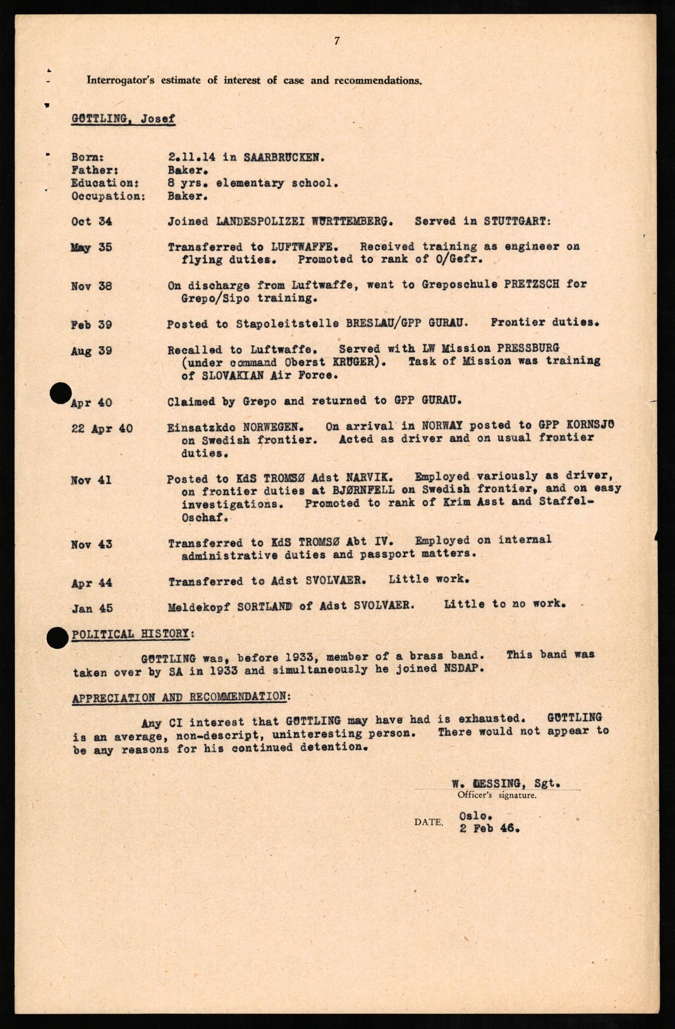 Forsvaret, Forsvarets overkommando II, RA/RAFA-3915/D/Db/L0011: CI Questionaires. Tyske okkupasjonsstyrker i Norge. Tyskere., 1945-1946, s. 61