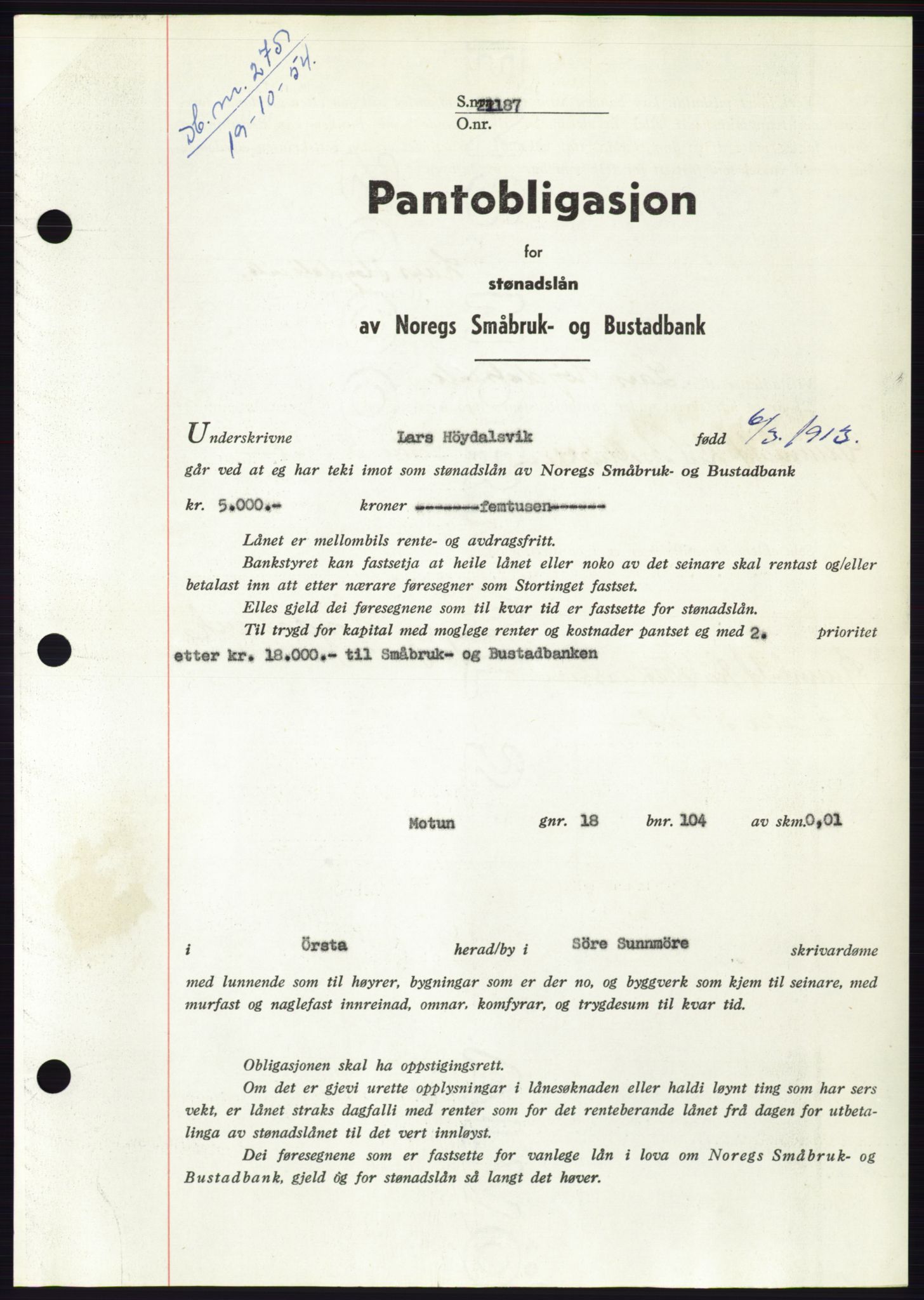 Søre Sunnmøre sorenskriveri, AV/SAT-A-4122/1/2/2C/L0126: Pantebok nr. 14B, 1954-1955, Dagboknr: 2751/1954