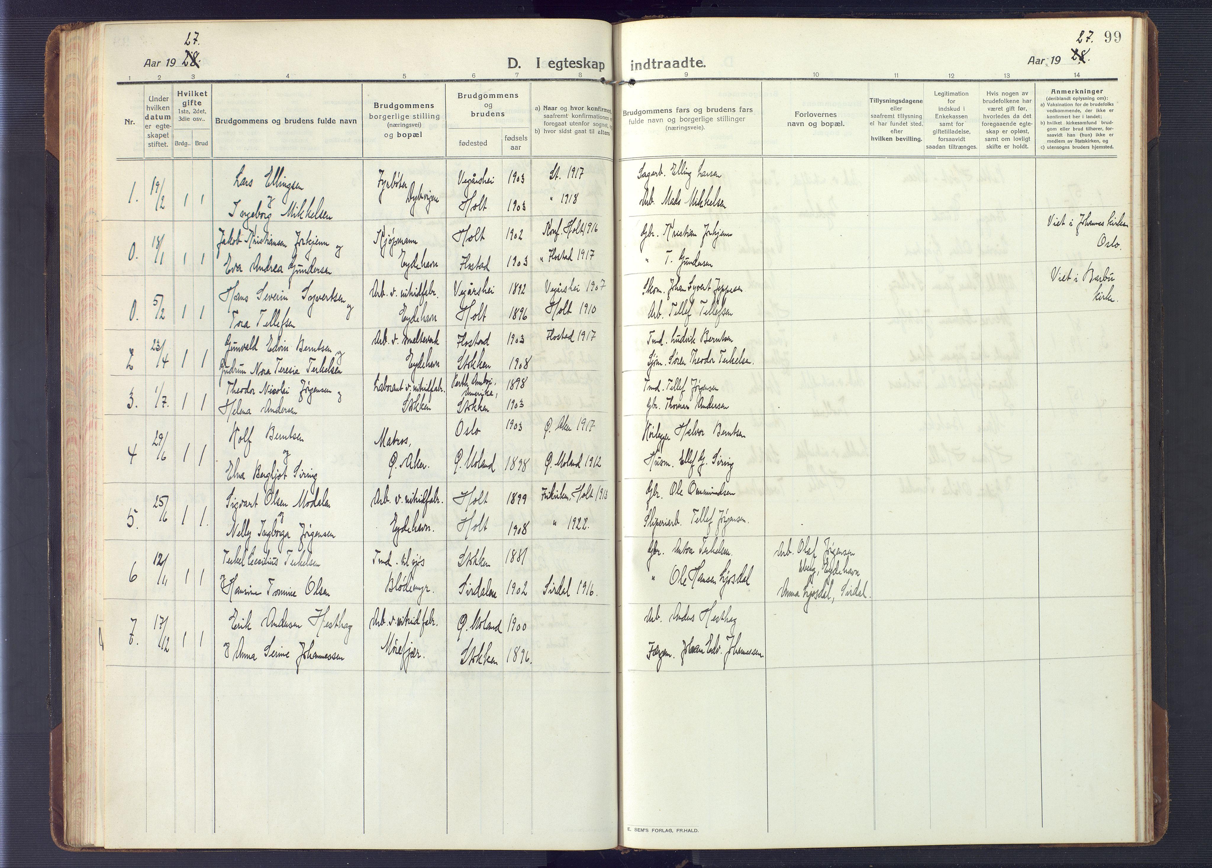 Austre Moland sokneprestkontor, AV/SAK-1111-0001/F/Fb/Fbb/L0004: Klokkerbok nr. B 4, 1914-1929, s. 99