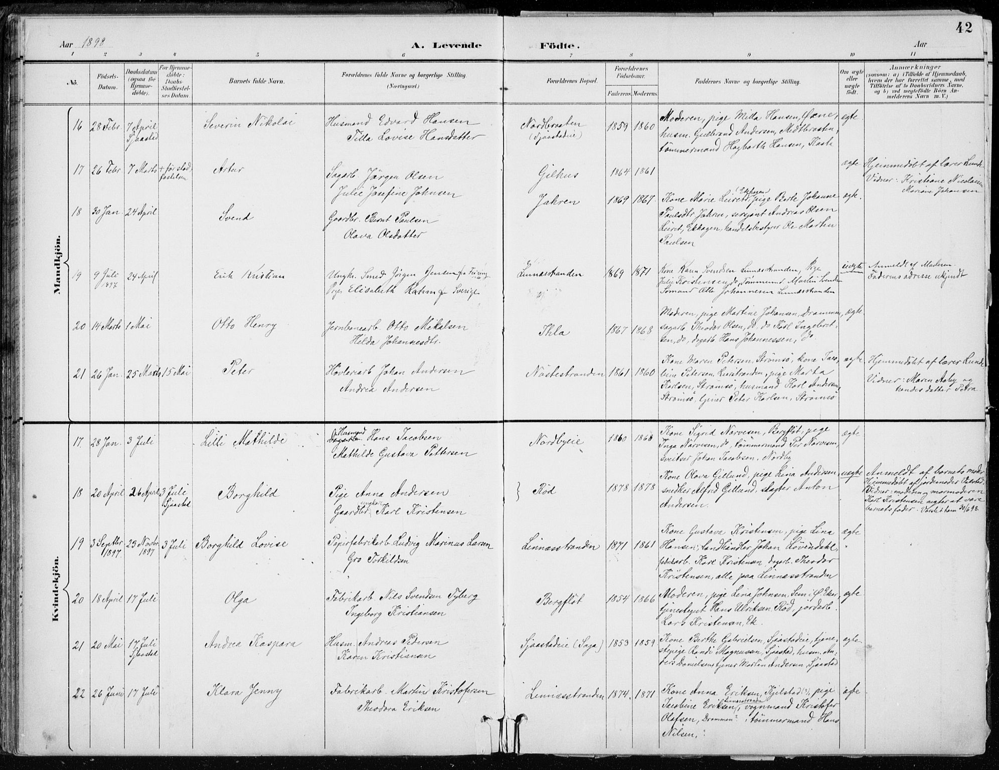 Lier kirkebøker, AV/SAKO-A-230/F/Fa/L0016: Ministerialbok nr. I 16, 1895-1900, s. 42