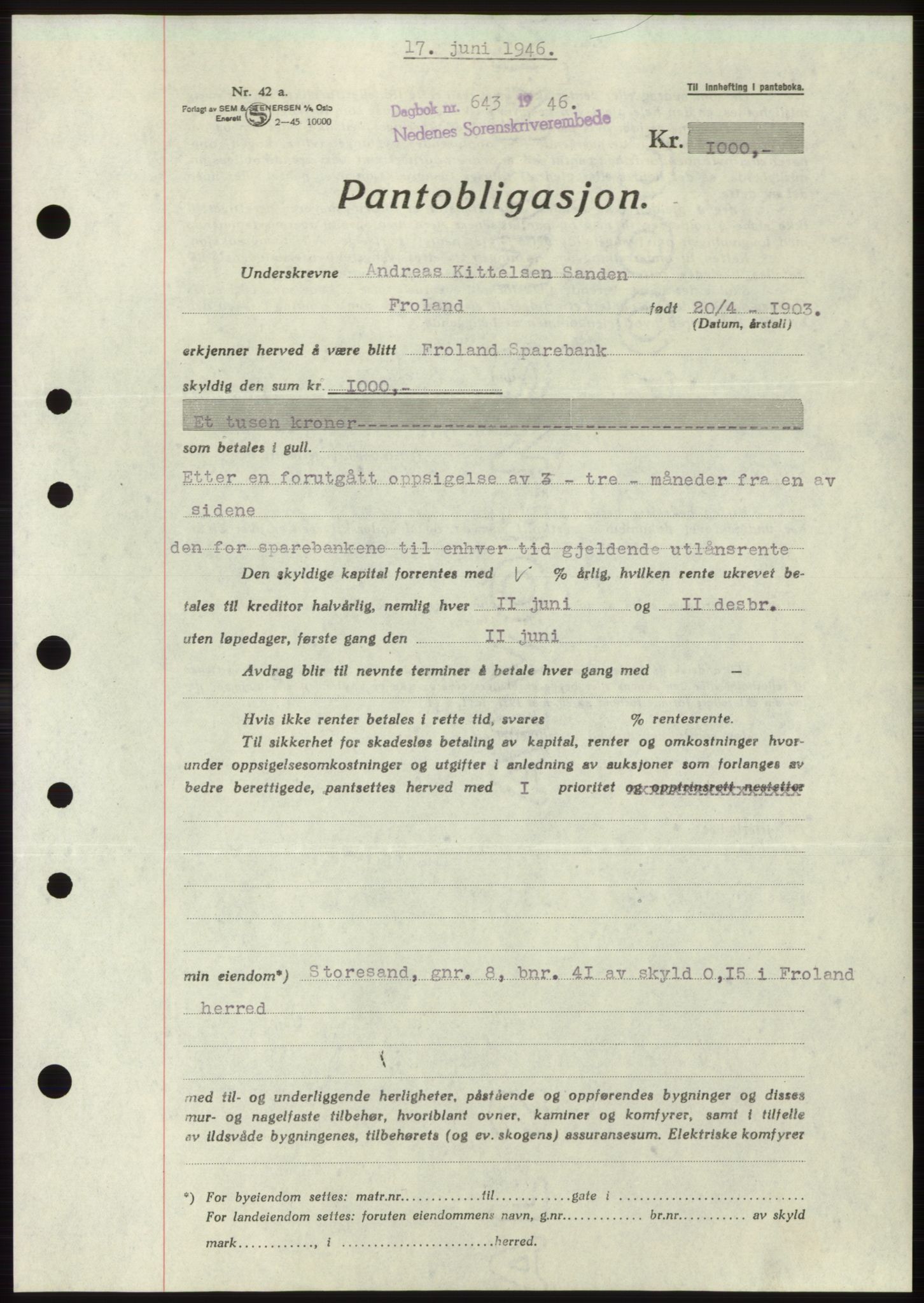Nedenes sorenskriveri, SAK/1221-0006/G/Gb/Gbb/L0003: Pantebok nr. B3b, 1946-1946, Dagboknr: 643/1946