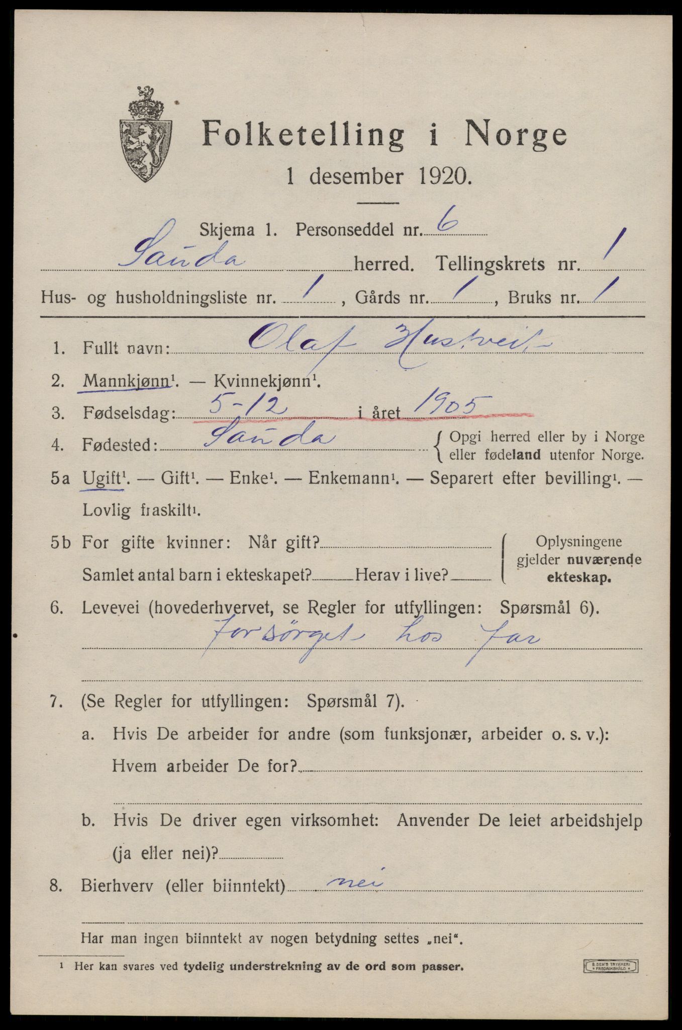 SAST, Folketelling 1920 for 1135 Sauda herred, 1920, s. 838