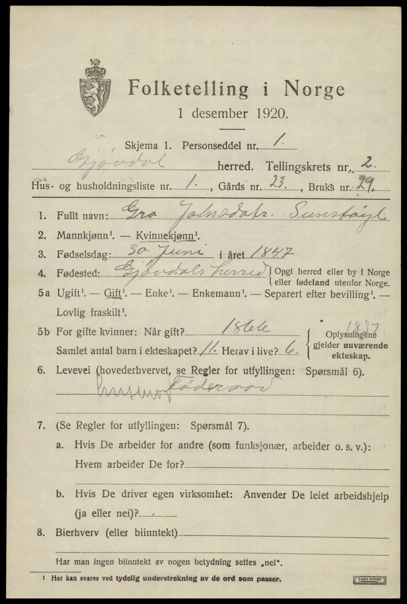 SAK, Folketelling 1920 for 0930 Gjøvdal herred, 1920, s. 830