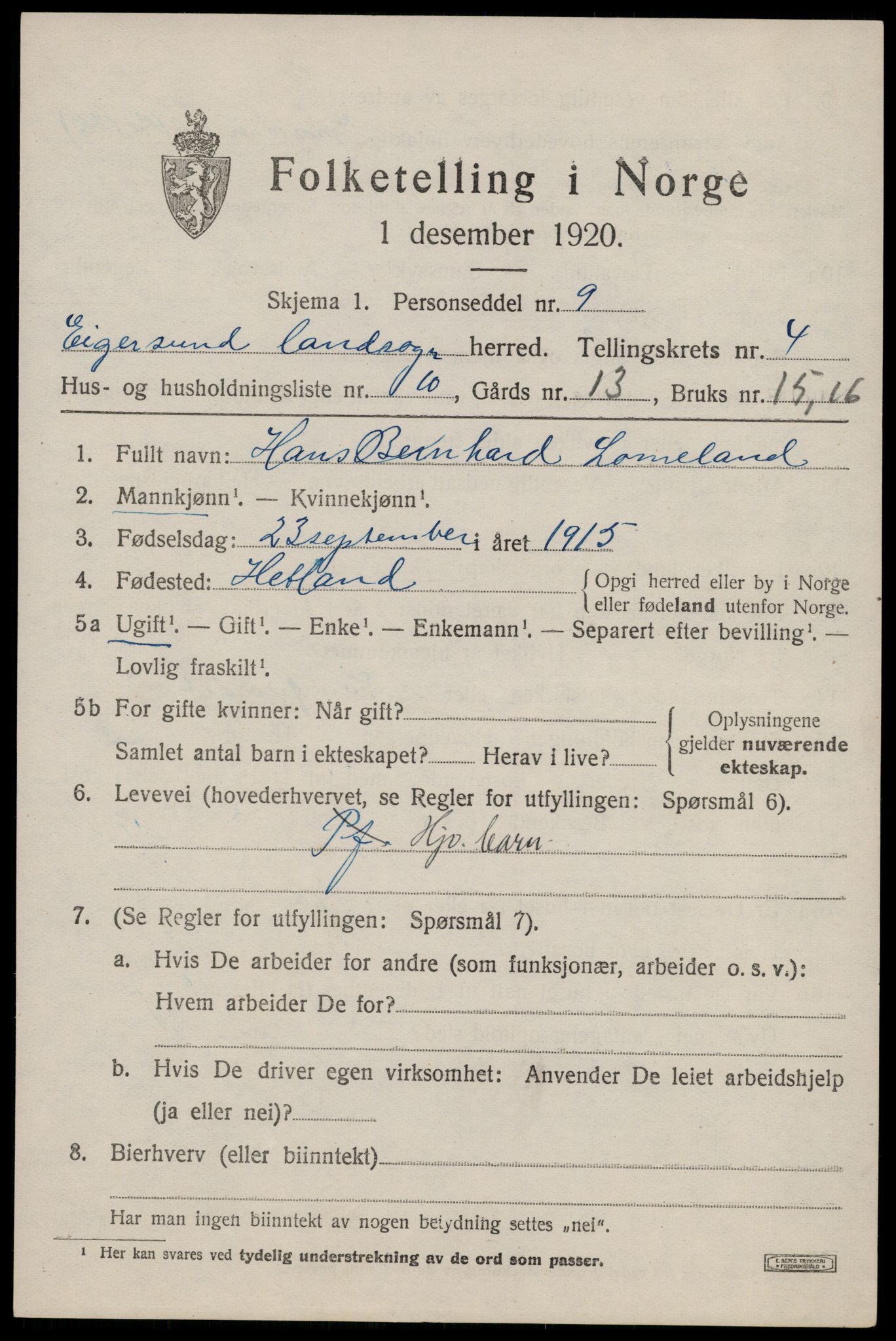 SAST, Folketelling 1920 for 1116 Eigersund herred, 1920, s. 2933