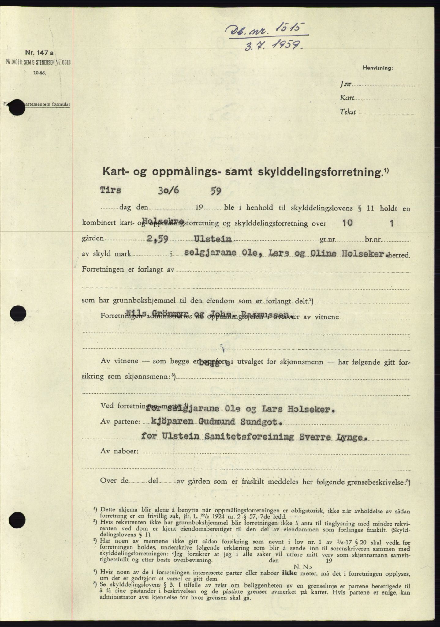 Søre Sunnmøre sorenskriveri, SAT/A-4122/1/2/2C/L0113: Pantebok nr. 39A, 1959-1959, Dagboknr: 1515/1959