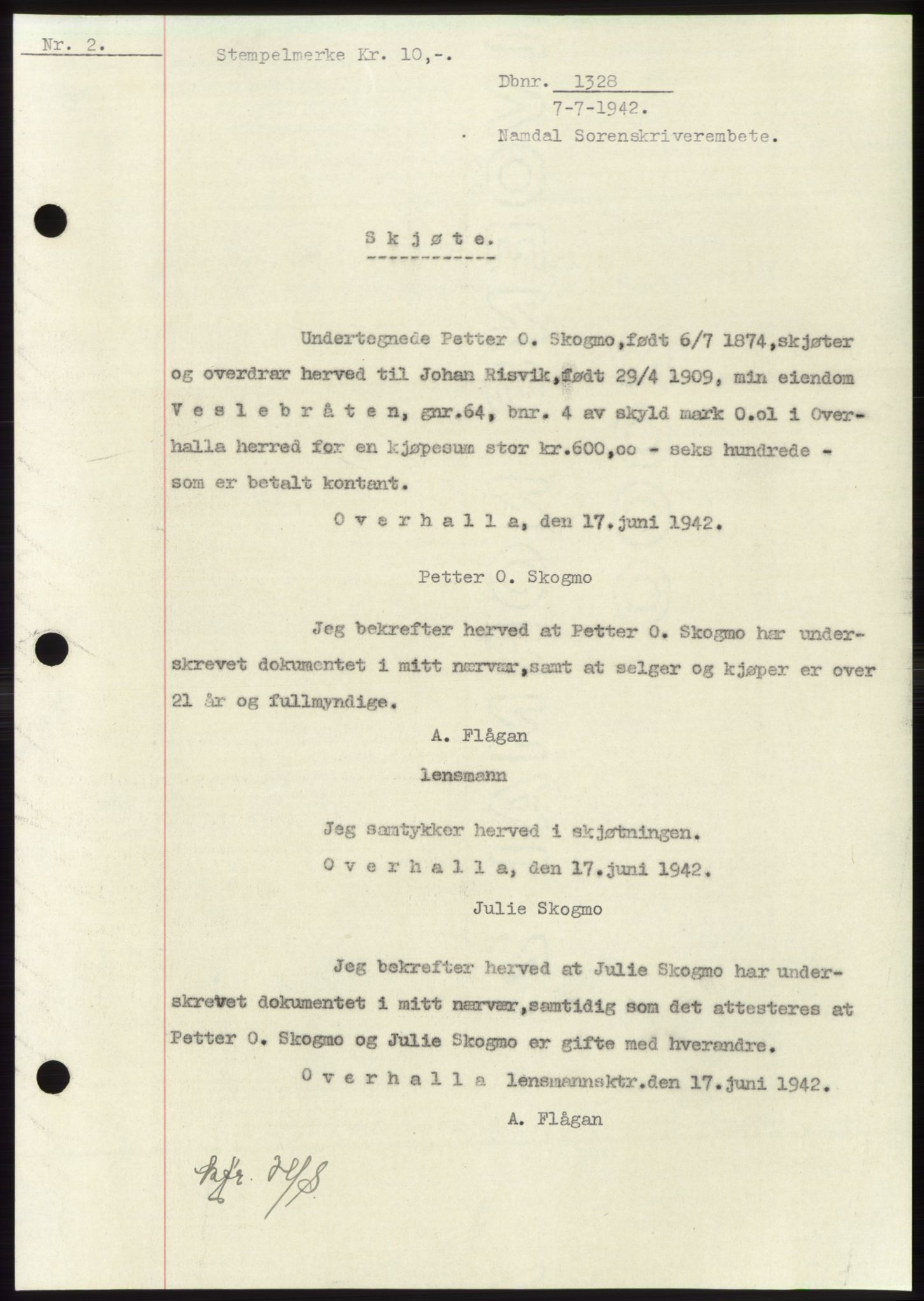 Namdal sorenskriveri, SAT/A-4133/1/2/2C: Pantebok nr. -, 1942-1943, Dagboknr: 1328/1942