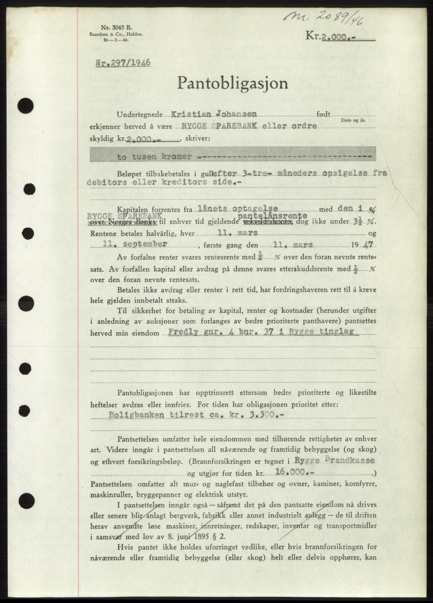 Moss sorenskriveri, SAO/A-10168: Pantebok nr. B15, 1946-1946, Dagboknr: 2089/1946