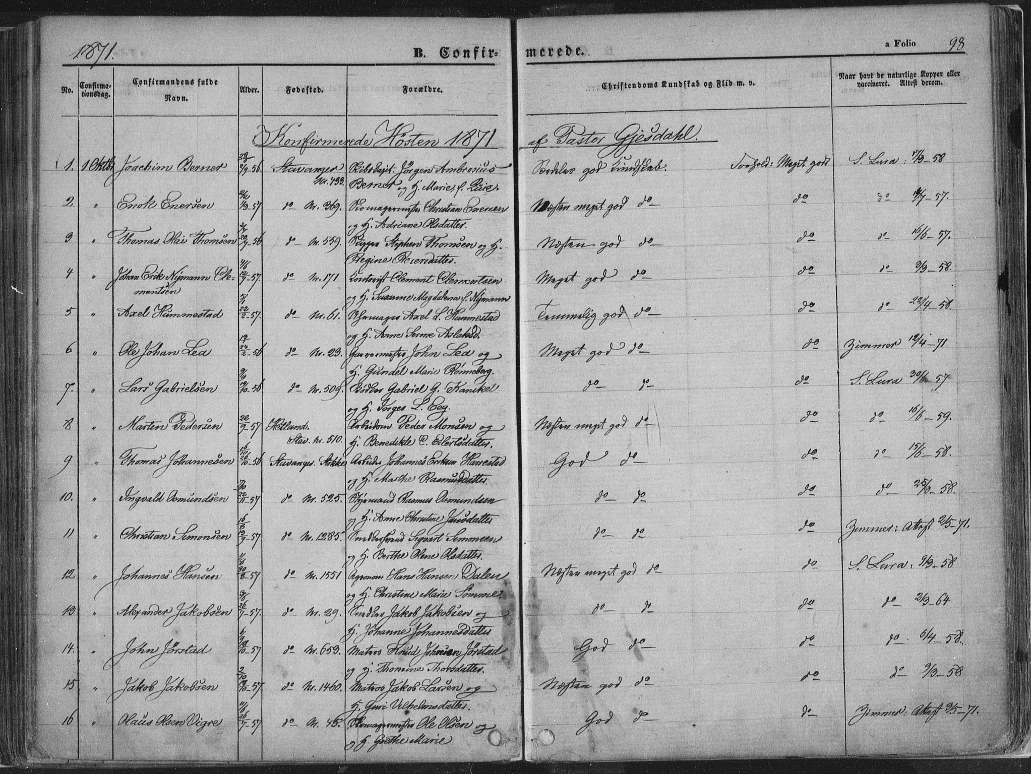 Domkirken sokneprestkontor, AV/SAST-A-101812/001/30/30BA/L0018: Ministerialbok nr. A 17, 1857-1877, s. 98