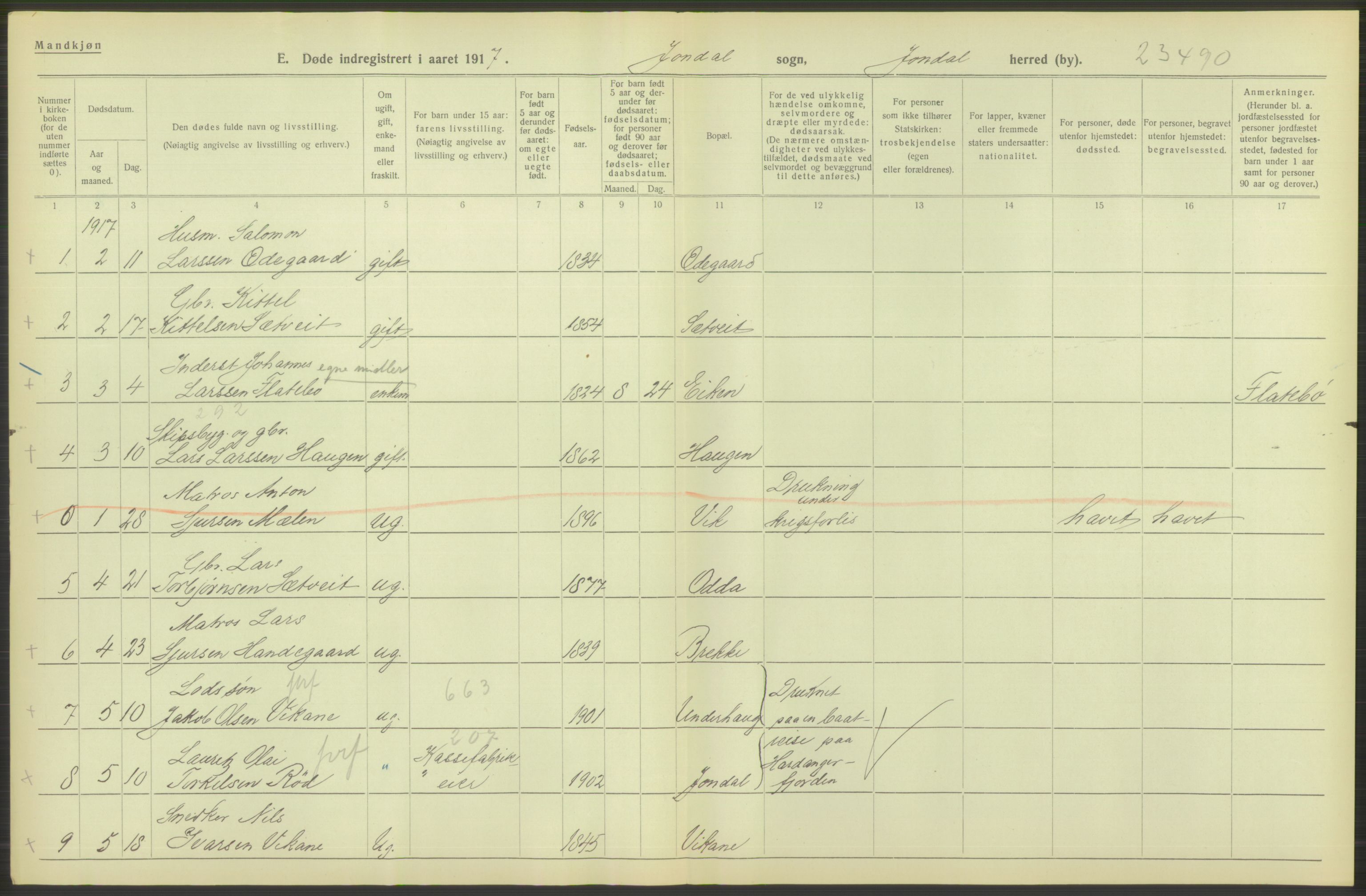 Statistisk sentralbyrå, Sosiodemografiske emner, Befolkning, RA/S-2228/D/Df/Dfb/Dfbg/L0036: S. Bergenhus amt: Døde, dødfødte. Bygder., 1917, s. 640