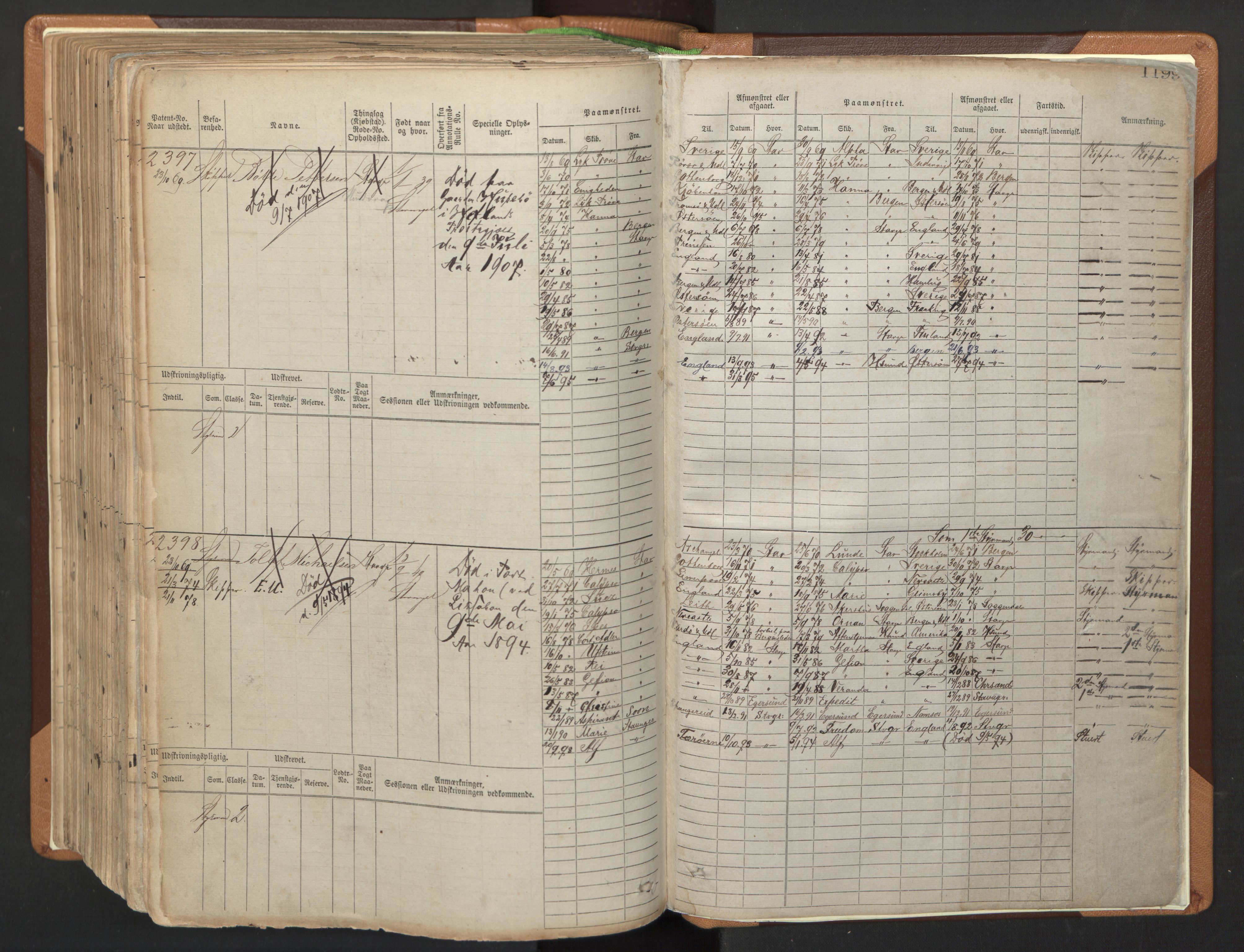 Stavanger sjømannskontor, AV/SAST-A-102006/F/Fb/Fbb/L0006: Sjøfartshovedrulle, patentnr. 1607-2402 (del 3), 1869-1880, s. 399