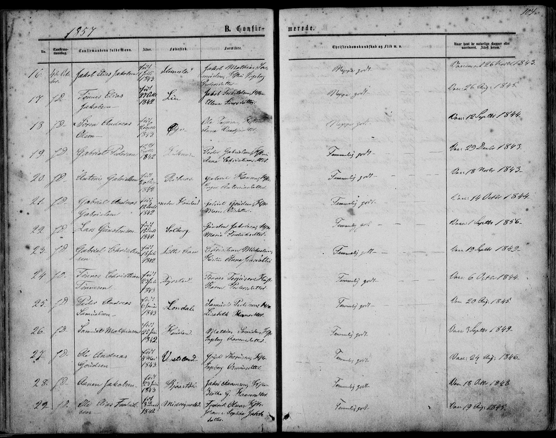 Kvinesdal sokneprestkontor, AV/SAK-1111-0026/F/Fa/Fab/L0006: Ministerialbok nr. A 6, 1857-1869, s. 104